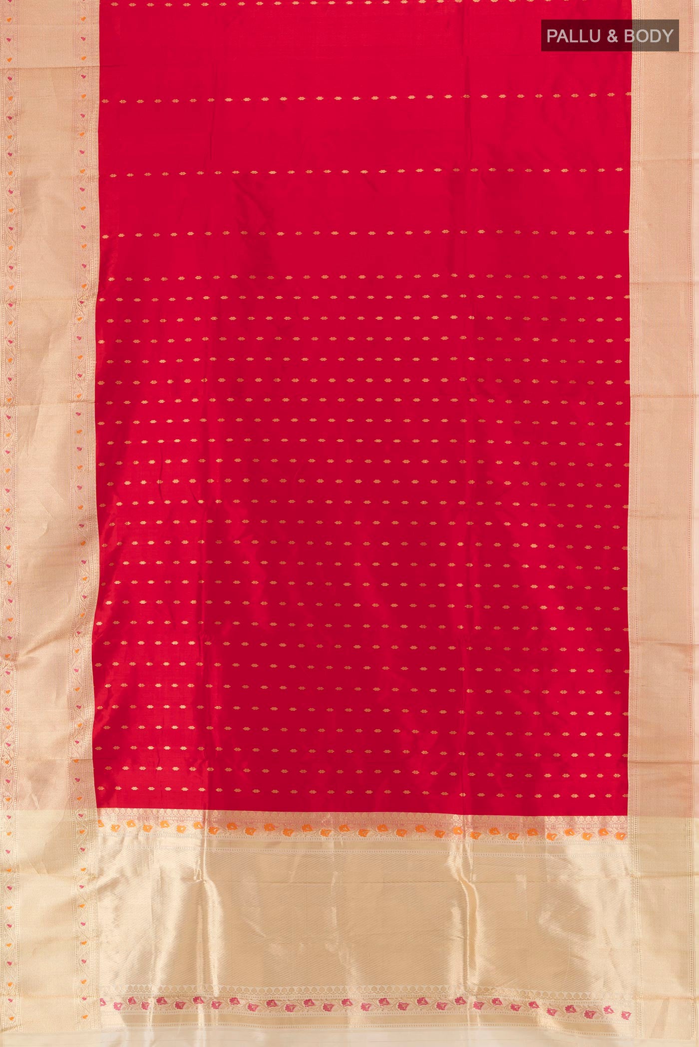 Flat view of Red Banarasi Katan Silk Saree with Zari Butta on the body and Zari Border. 
