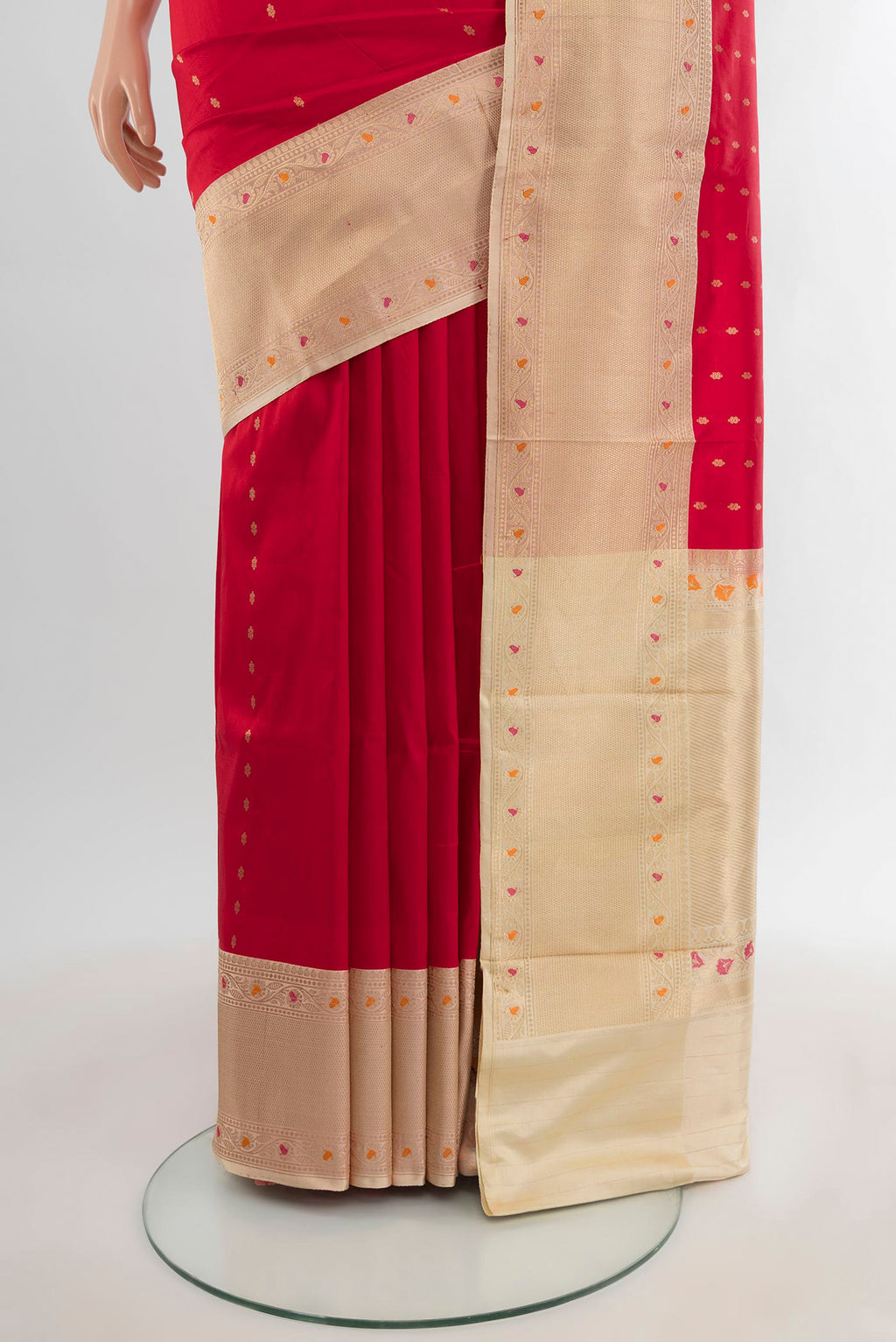 Pleats and pallu of Red Banarasi Katan Silk Saree with Zari Butta on the body and Zari Border. 