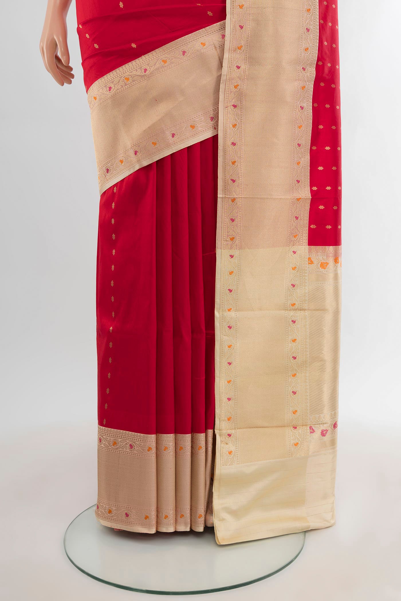 Pleats and pallu of Red Banarasi Katan Silk Saree with Zari Butta on the body and Zari Border. 