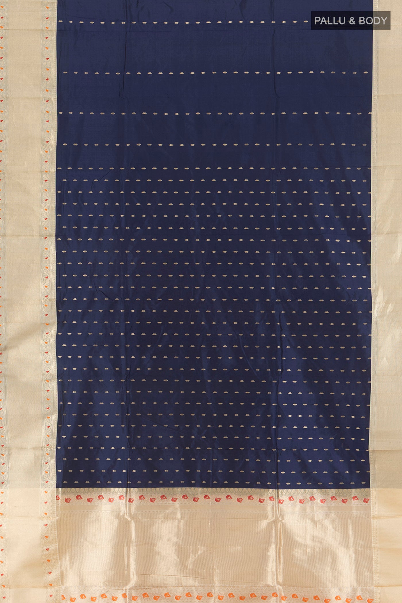 Flat view of Navy Blue Banarasi Katan Silk Saree with Zari Butta on the body and Zari Border. 