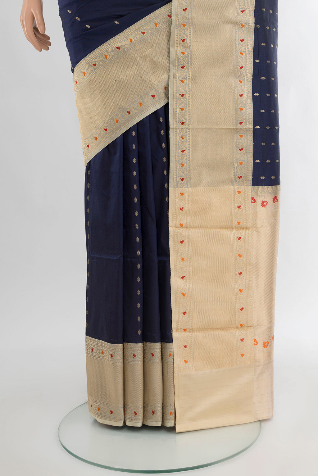 Pleats and pallu of Navy Blue Banarasi Katan Silk Saree with Zari Butta on the body and Zari Border. 