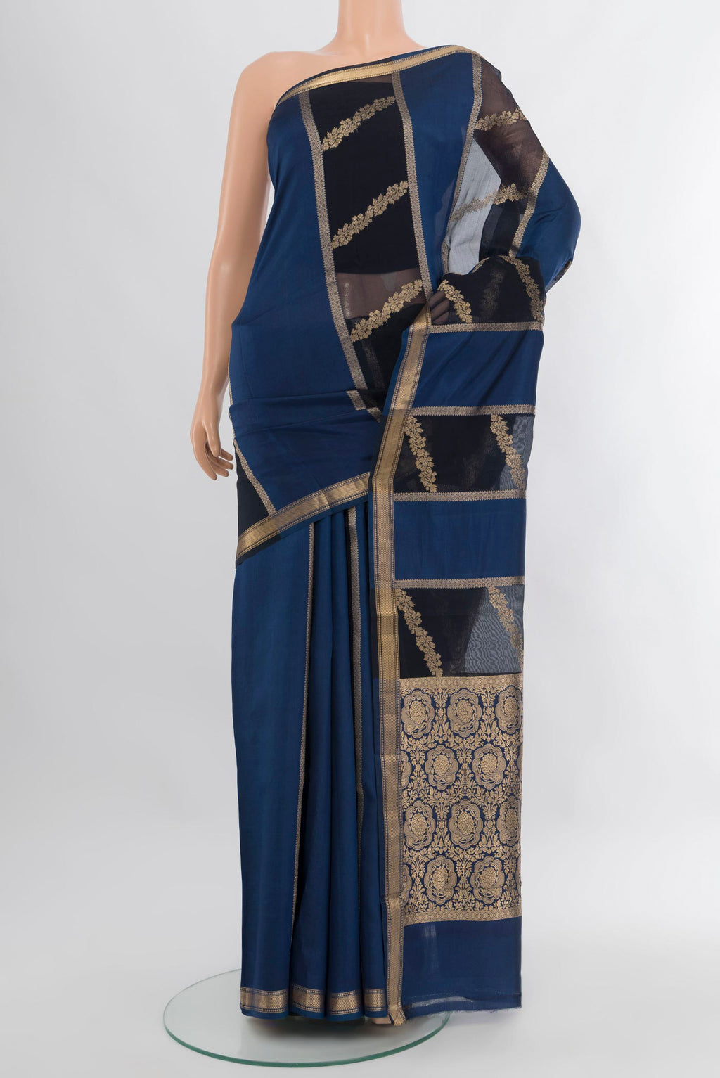 Multi Color Banarasi Katan Silk Saree with Stripes on the body and Zari Border.  displayed on a mannequin