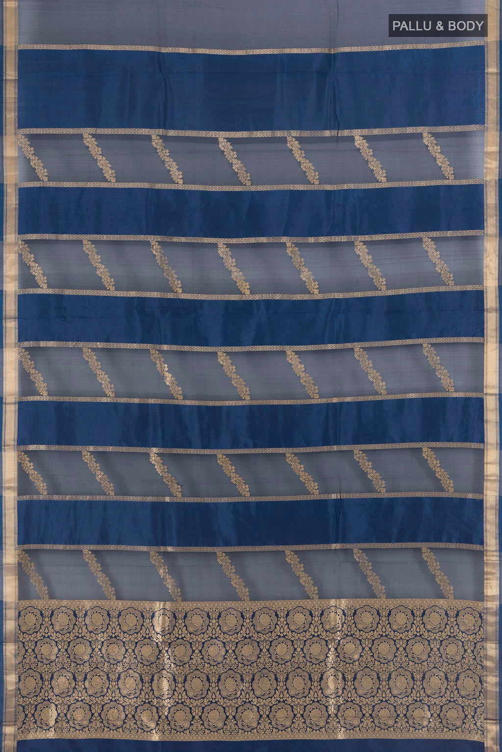 Flat view of Multi Color Banarasi Katan Silk Saree with Stripes on the body and Zari Border. 