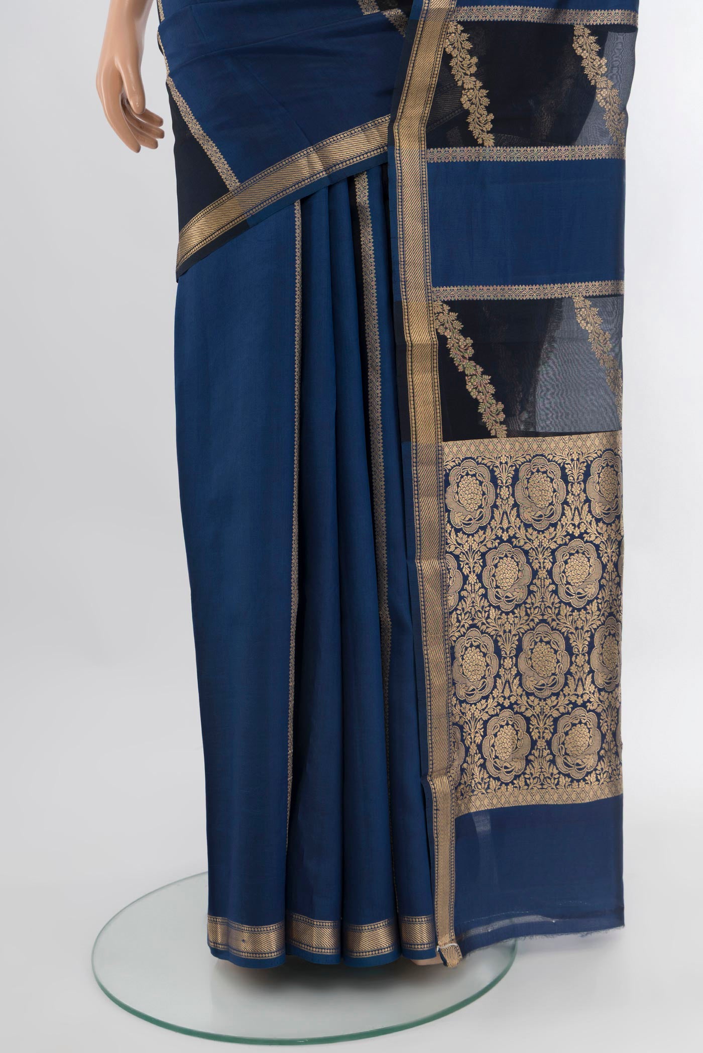 Pleats and pallu of Multi Color Banarasi Katan Silk Saree with Stripes on the body and Zari Border. 