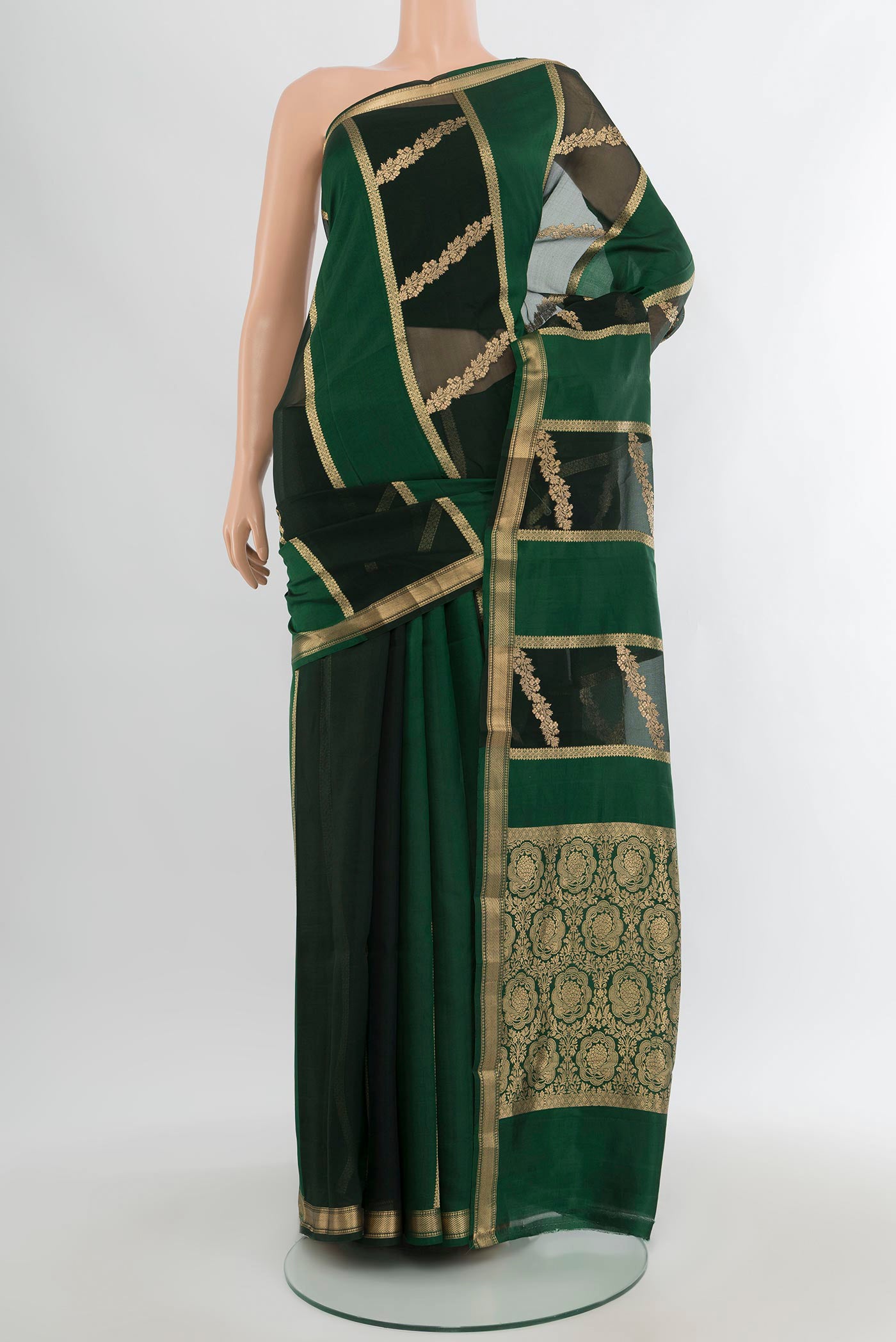Multi Color Banarasi Katan Silk Saree with Stripes on the body and Zari Border.  displayed on a mannequin