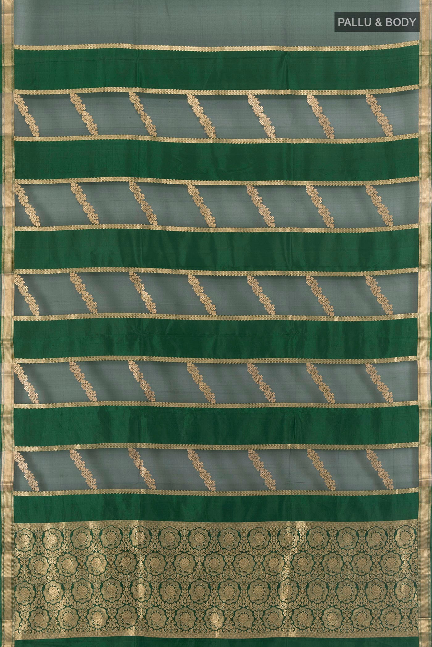 Flat view of Multi Color Banarasi Katan Silk Saree with Stripes on the body and Zari Border. 