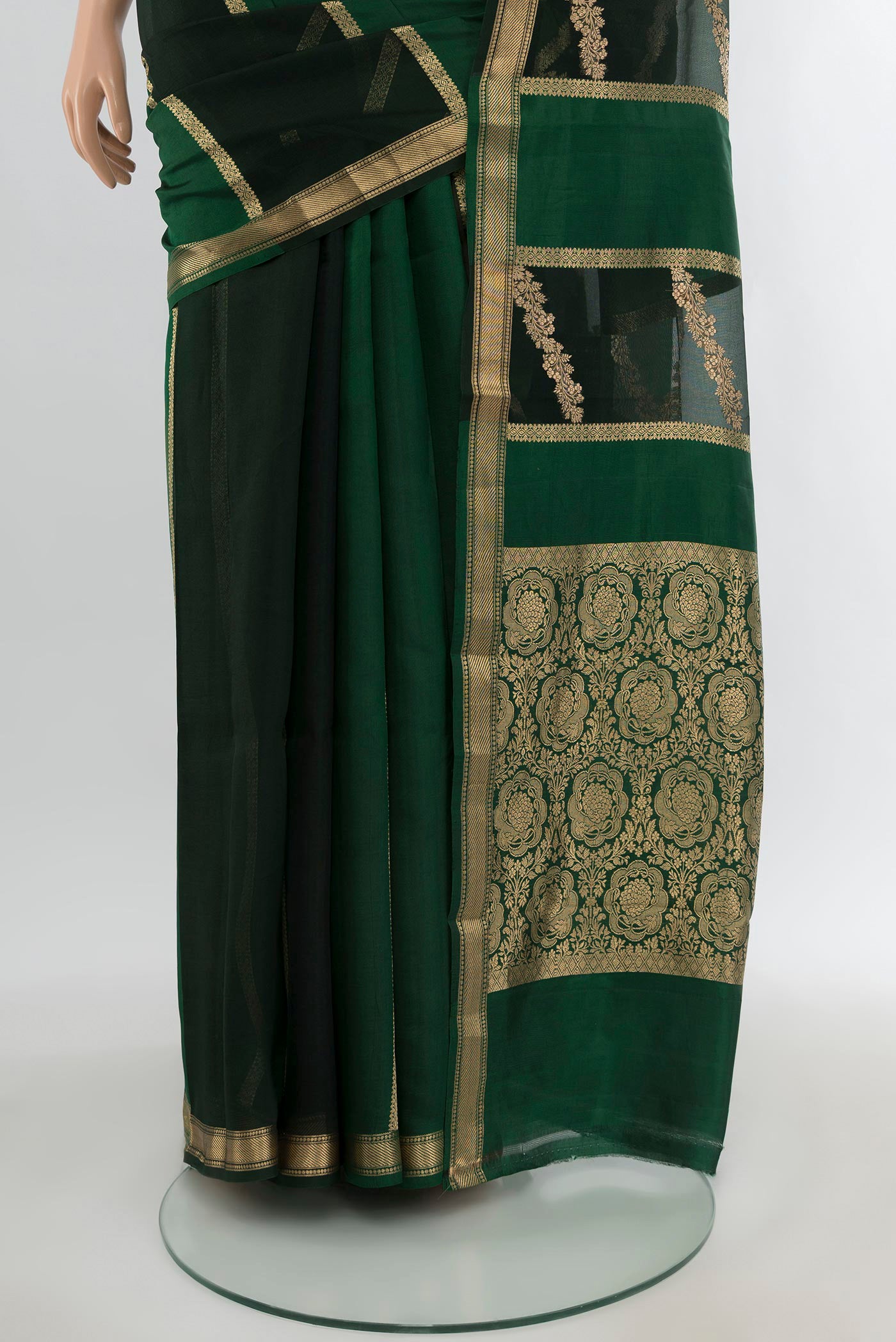 Pleats and pallu of Multi Color Banarasi Katan Silk Saree with Stripes on the body and Zari Border. 