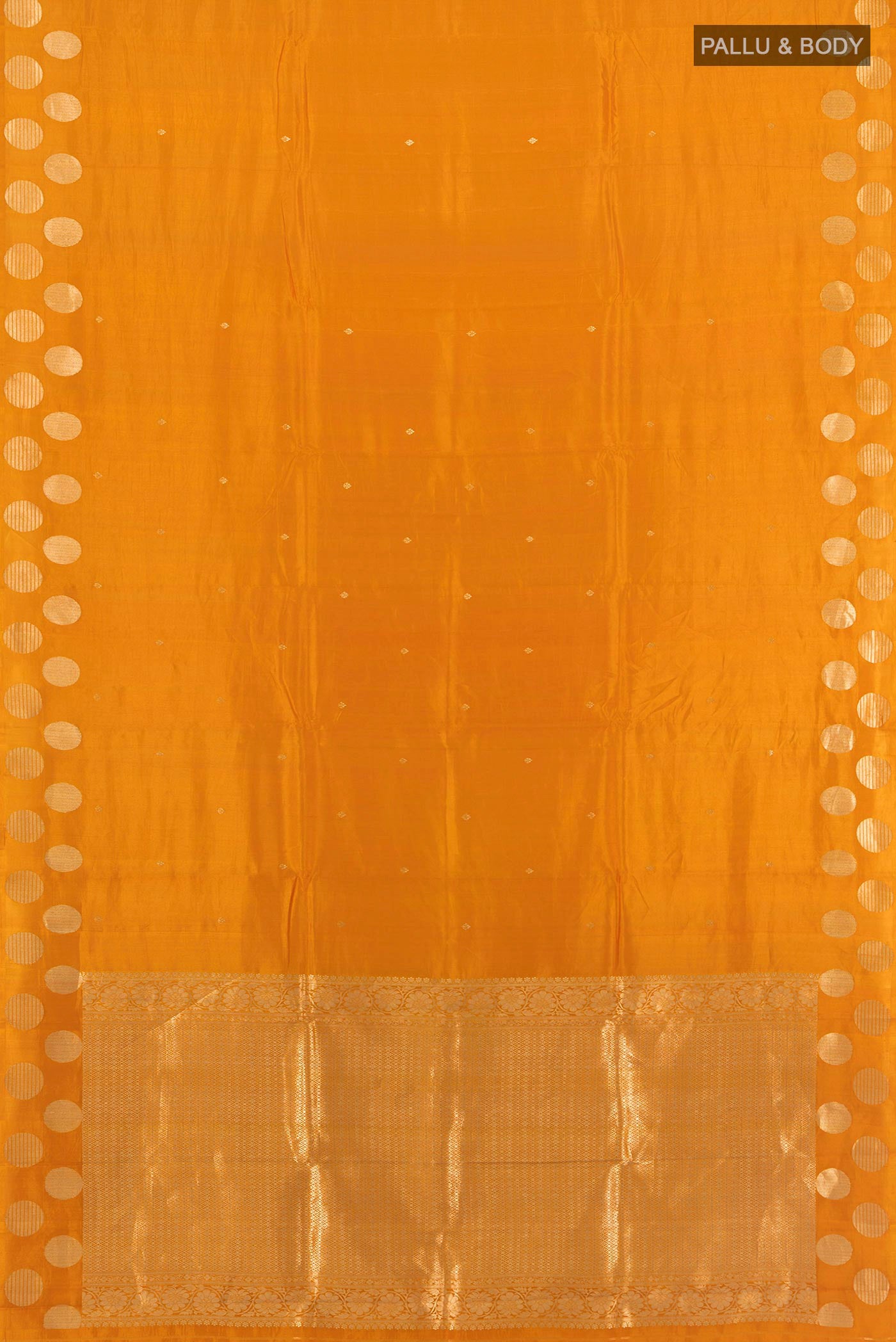 Flat view of Mustard Banarasi Katan Silk Saree with Zari Butta on the body and Without Border. 