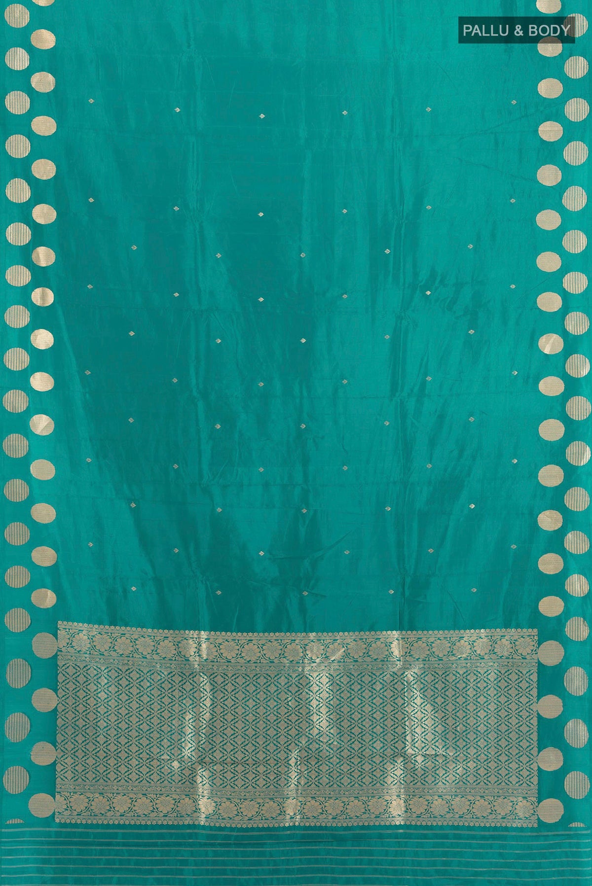Flat view of Pure Silk Teal Banarasi Katan Saree with Zari Butta on the body and Fancy Border. 