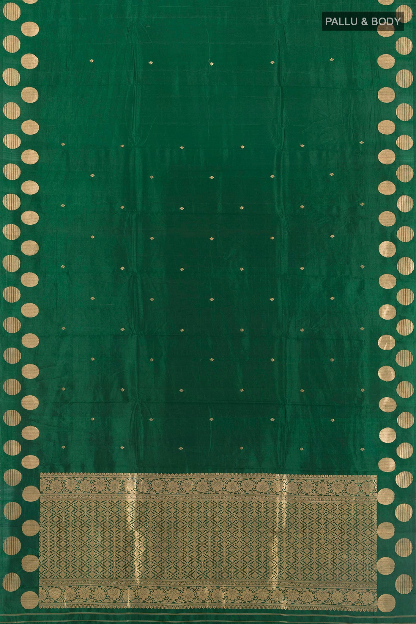 Flat view of Bottle Green Banarasi Katan Silk Saree with Zari Butta on the body and Fancy Border. 