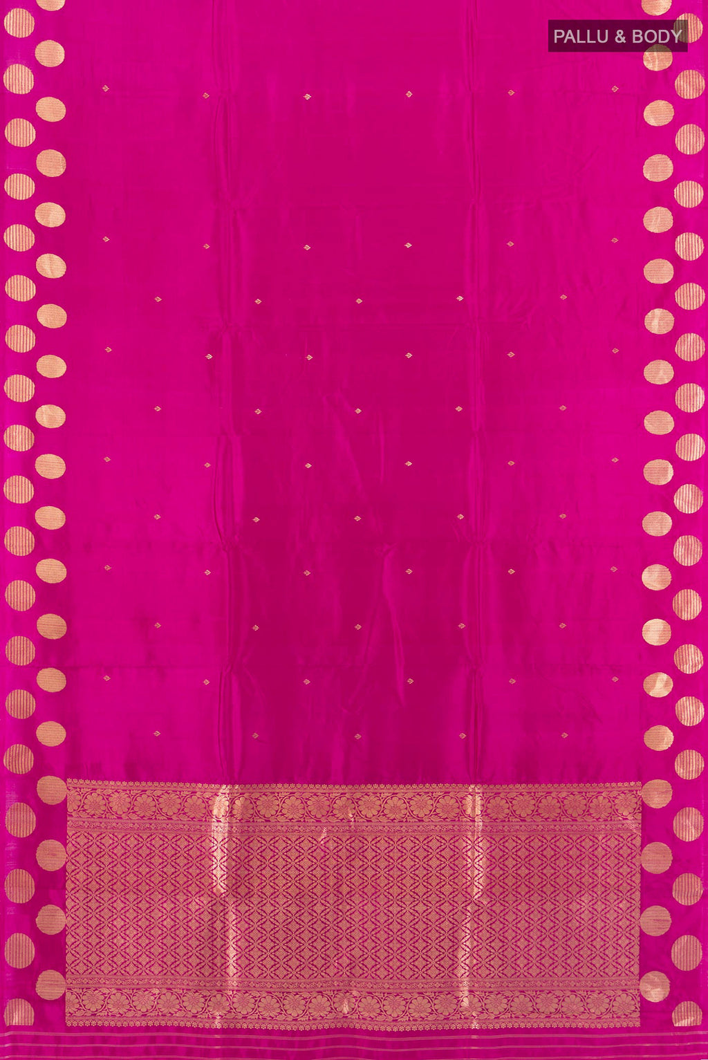 Flat view of Magenta Banarasi Katan Silk Saree with Zari Butta on the body and Without Border. 