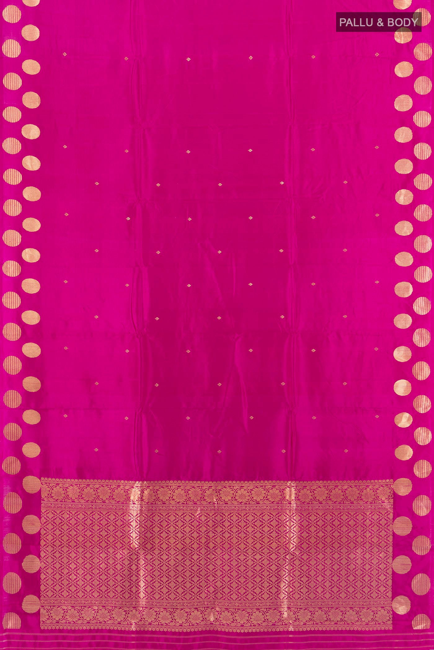 Flat view of Magenta Banarasi Katan Silk Saree with Zari Butta on the body and Without Border. 