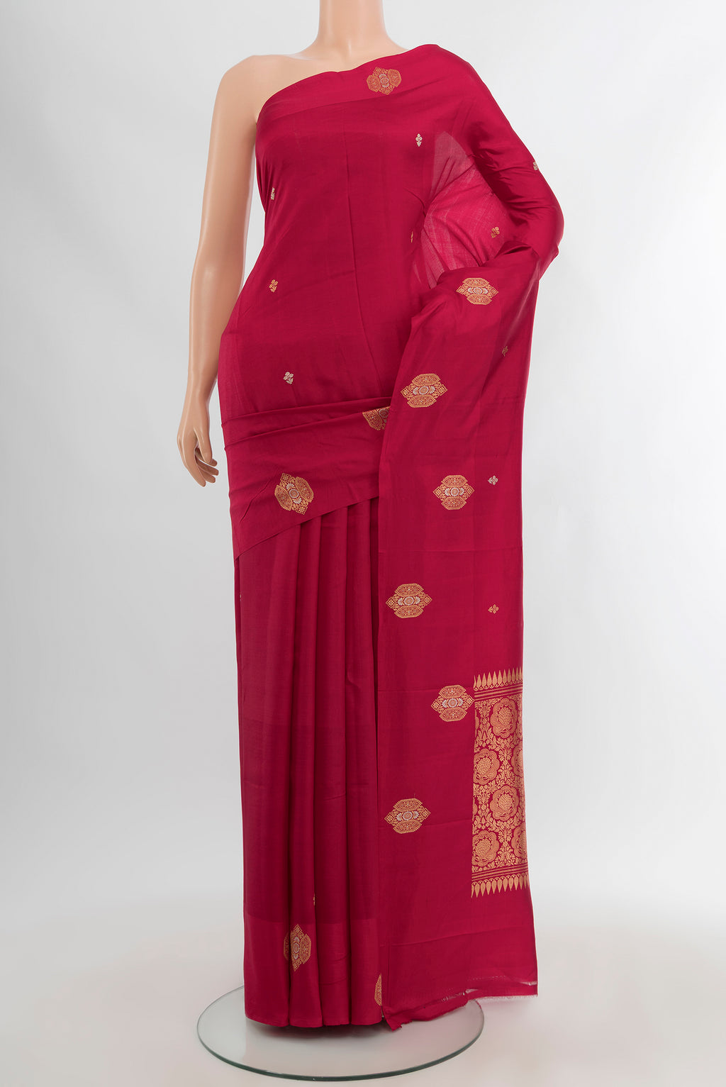 Dark Pink Banarasi Katan Silk Saree with Zari Butta on the body and Zari Border.  displayed on a mannequin