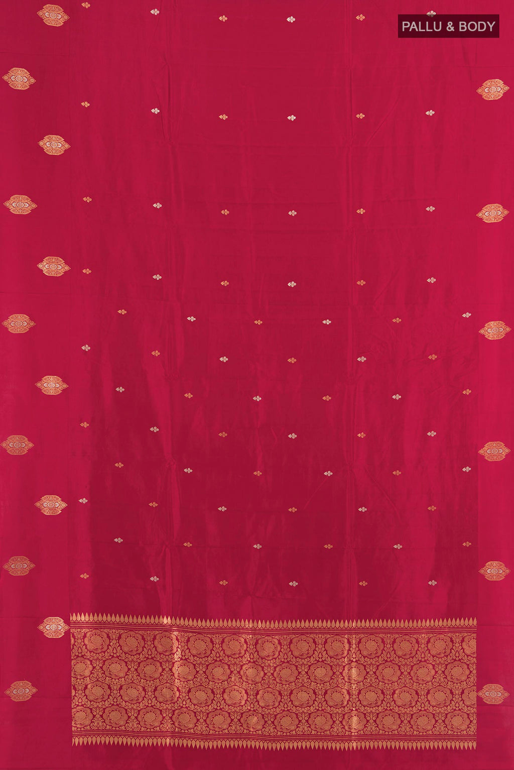 Flat view of Dark Pink Banarasi Katan Silk Saree with Zari Butta on the body and Zari Border. 