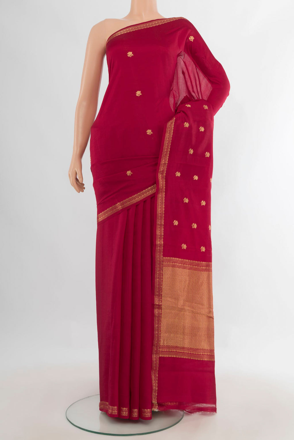 Pure Silk Red Banarasi Katan Saree with Zari Butta on the body and Zari Border.  displayed on a mannequin