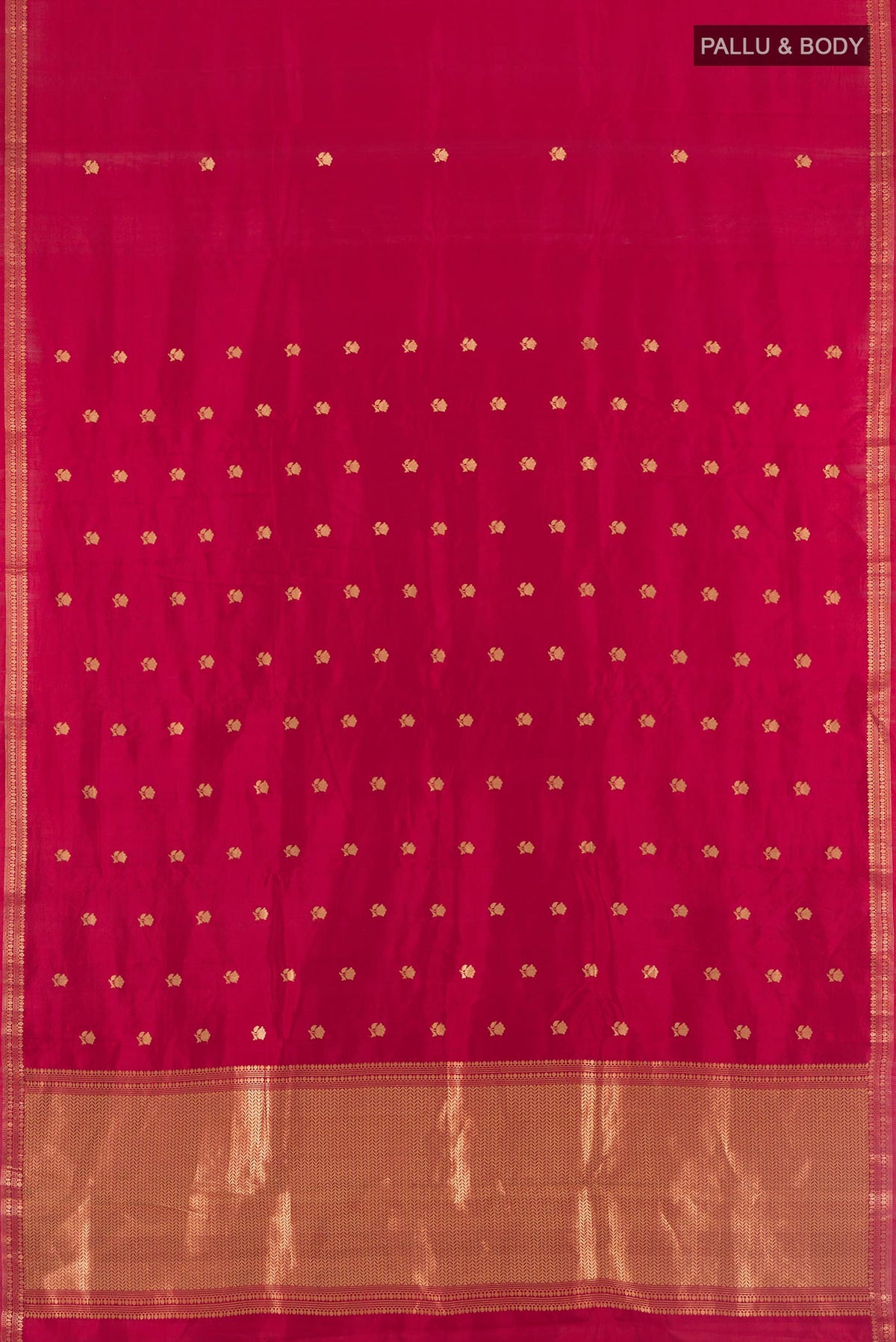Flat view of Pure Silk Red Banarasi Katan Saree with Zari Butta on the body and Zari Border. 