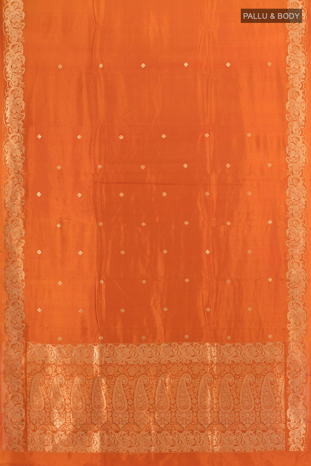Flat view of Pure Silk Brick Orange Banarasi Katan Saree with Zari Butta on the body and Zari Border. 