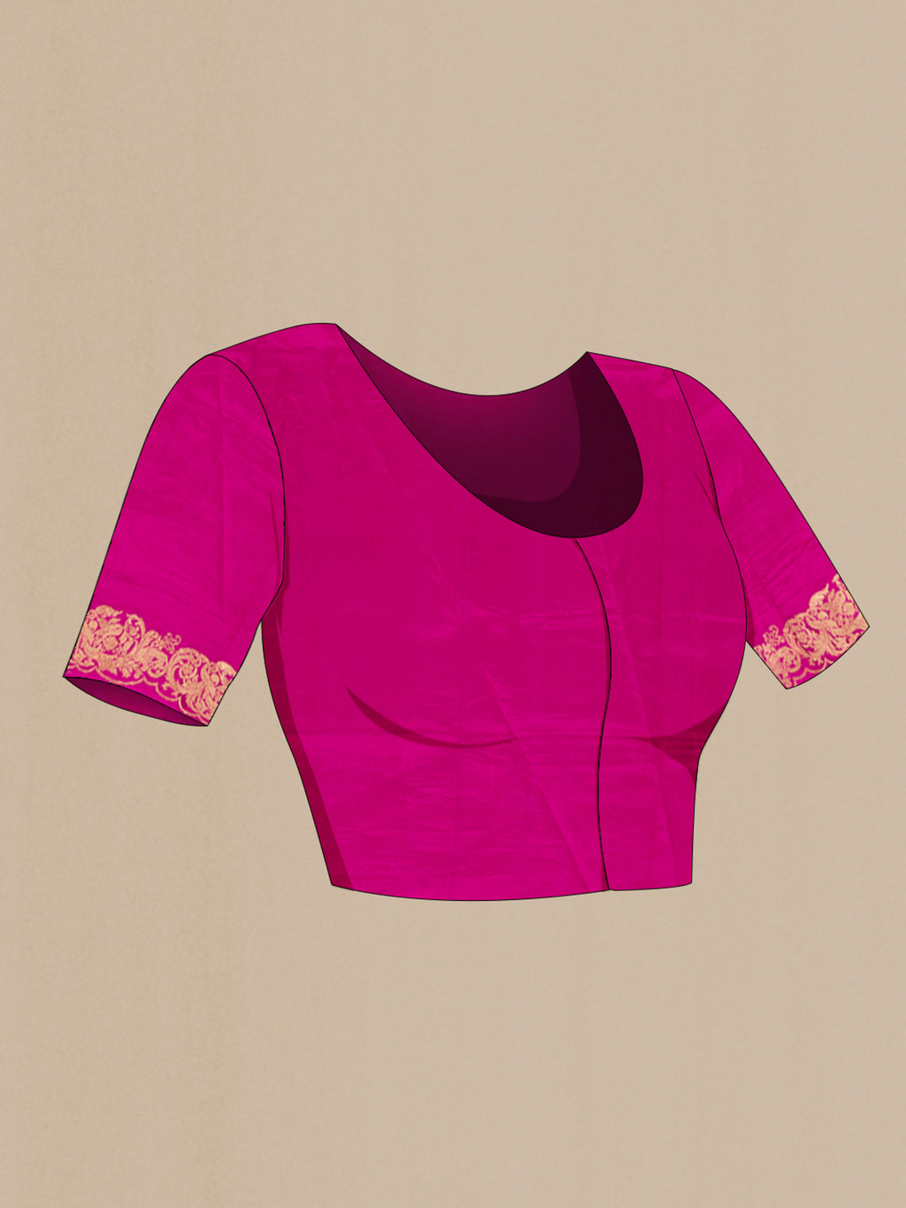 Close up image of the blouse of Magenta Banarasi Katan Silk Saree with Zari Butta on the body and Zari Border. 