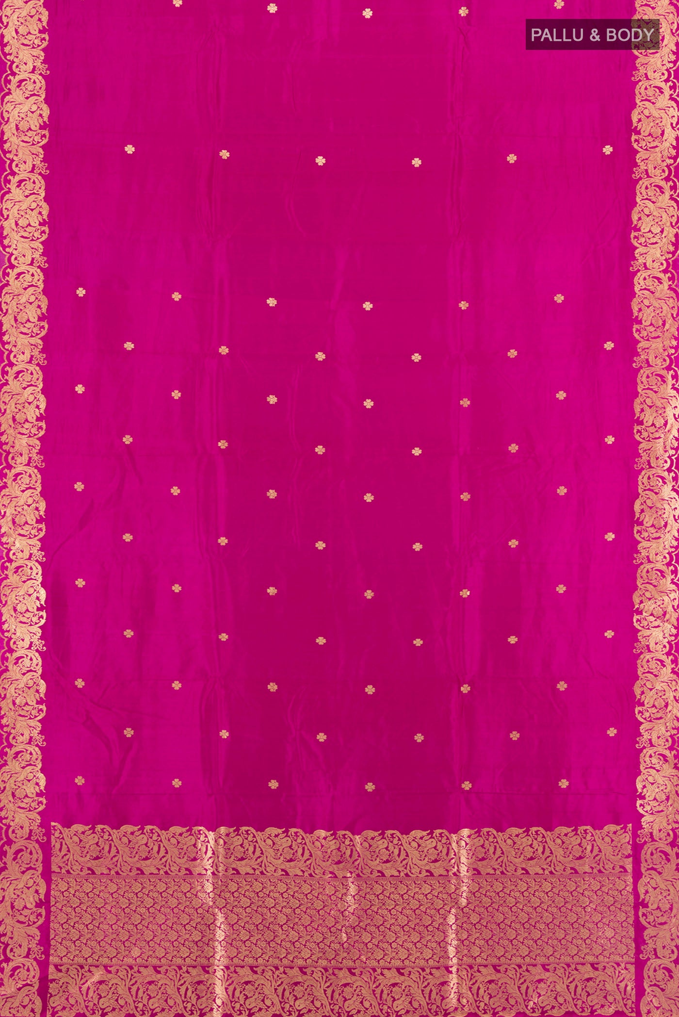 Flat view of Magenta Banarasi Katan Silk Saree with Zari Butta on the body and Zari Border. 