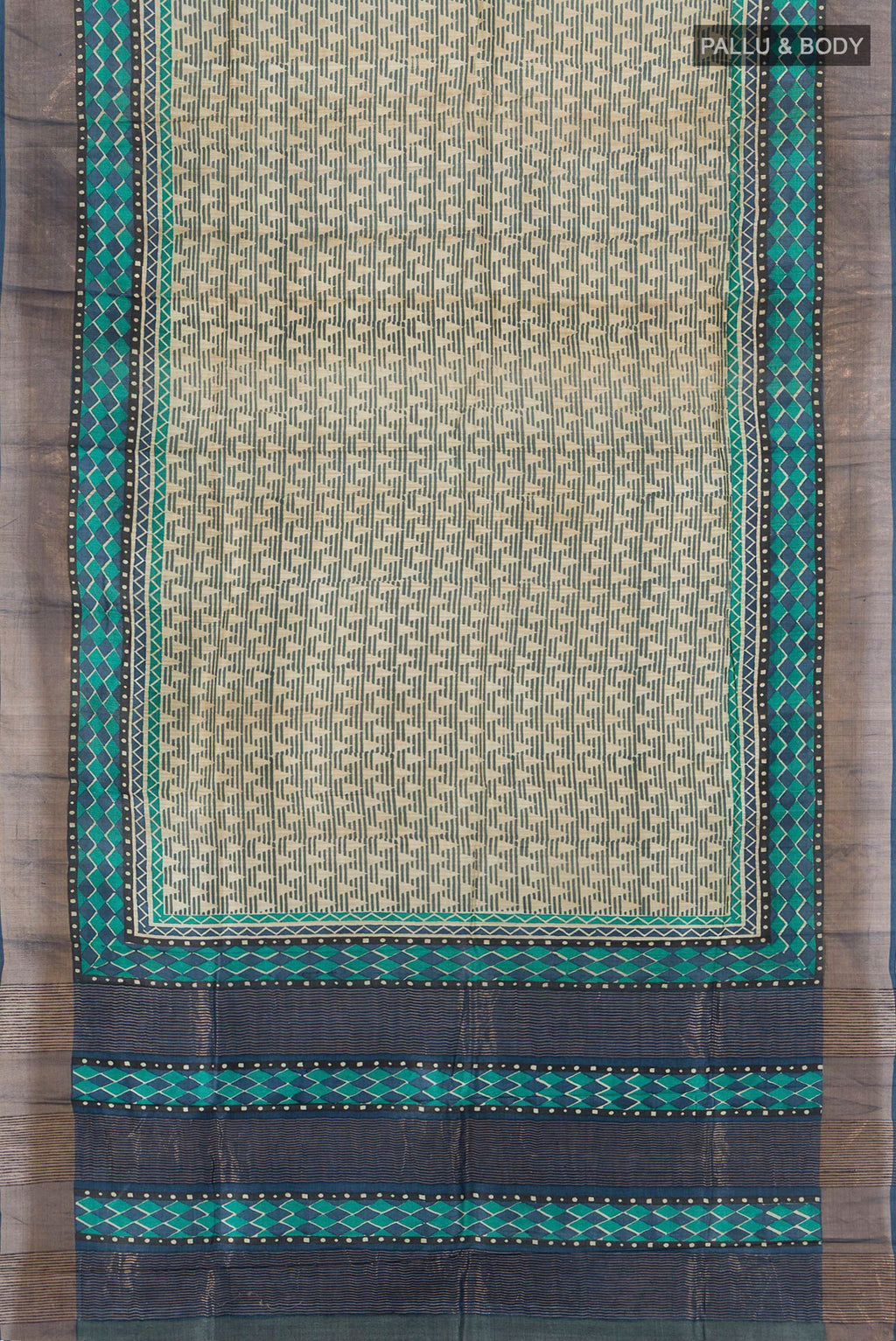 Flat view of Beige Tussar Silk Saree with Geometric Print on the body and Zari Border. 