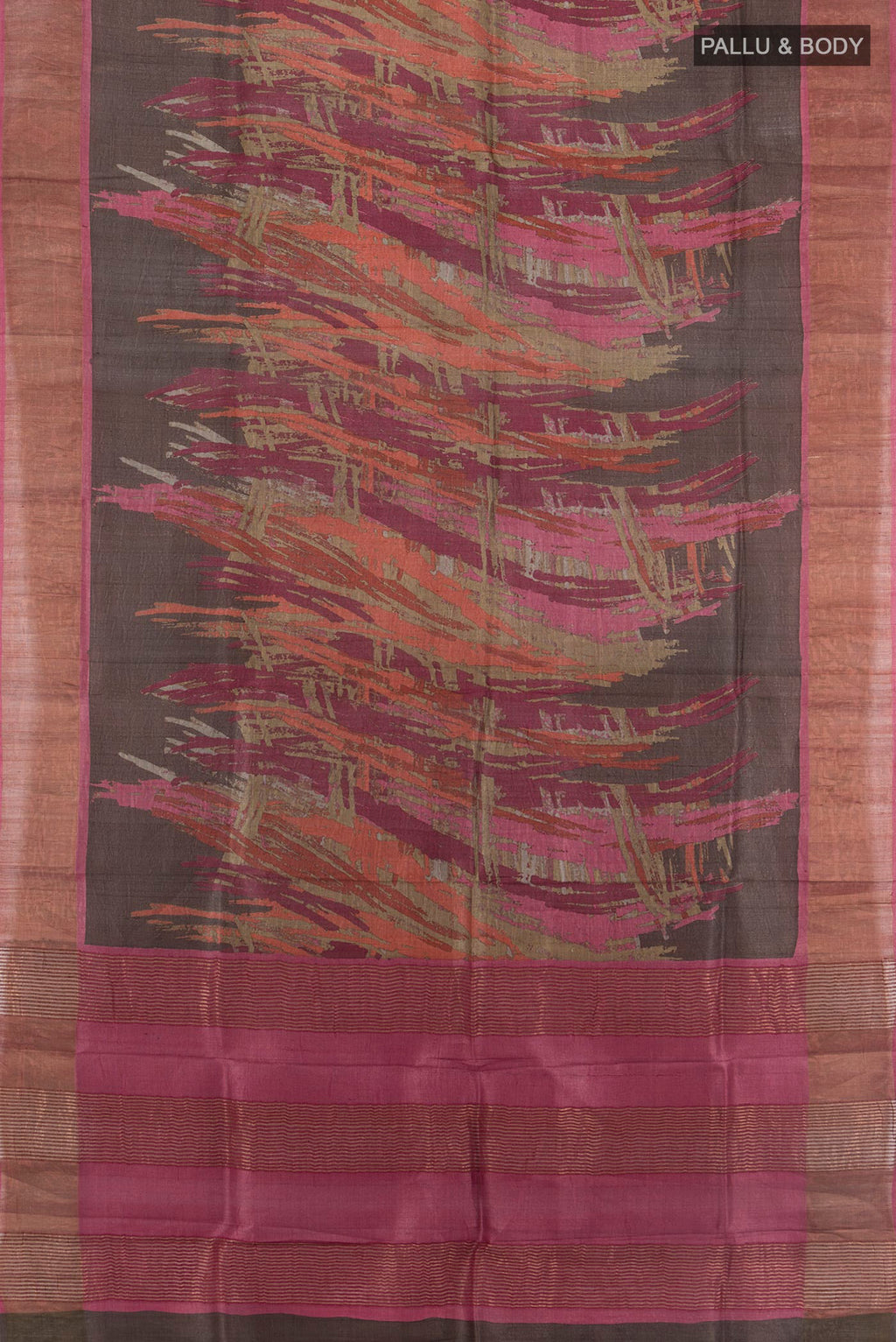 Flat view of Brown Tussar Silk Saree with Floral Print on the body and Zari Border. 