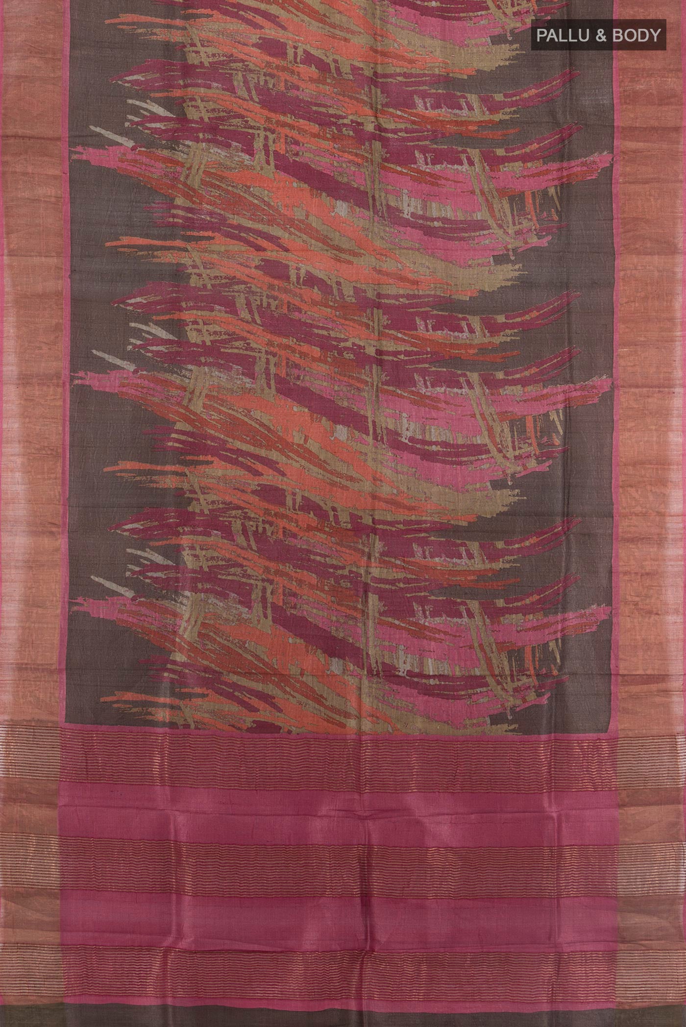 Flat view of Brown Tussar Silk Saree with Floral Print on the body and Zari Border. 