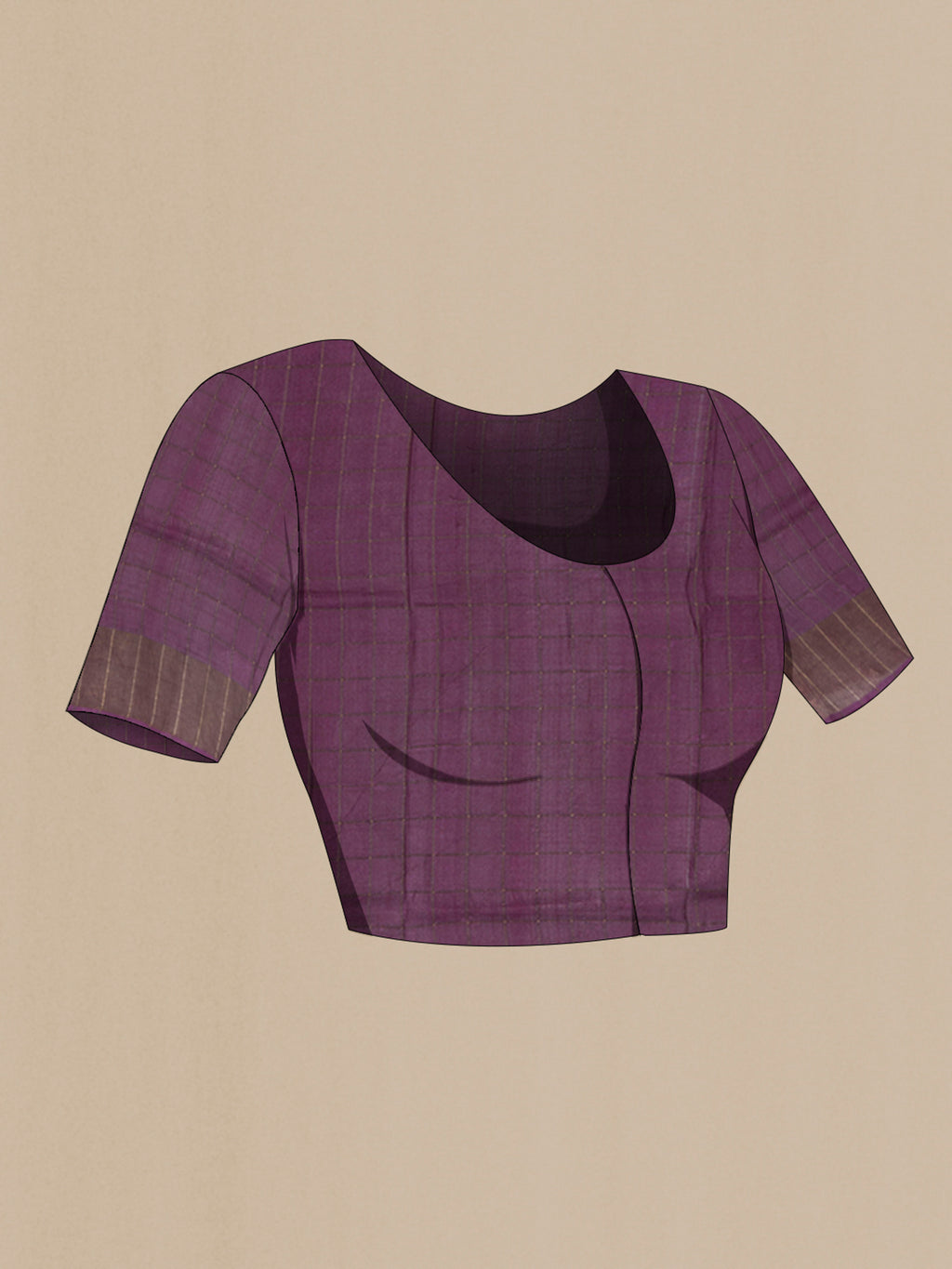 Close up image of the blouse of Purple Tussar Silk Saree with Geometric Print on the body and Zari Border. 