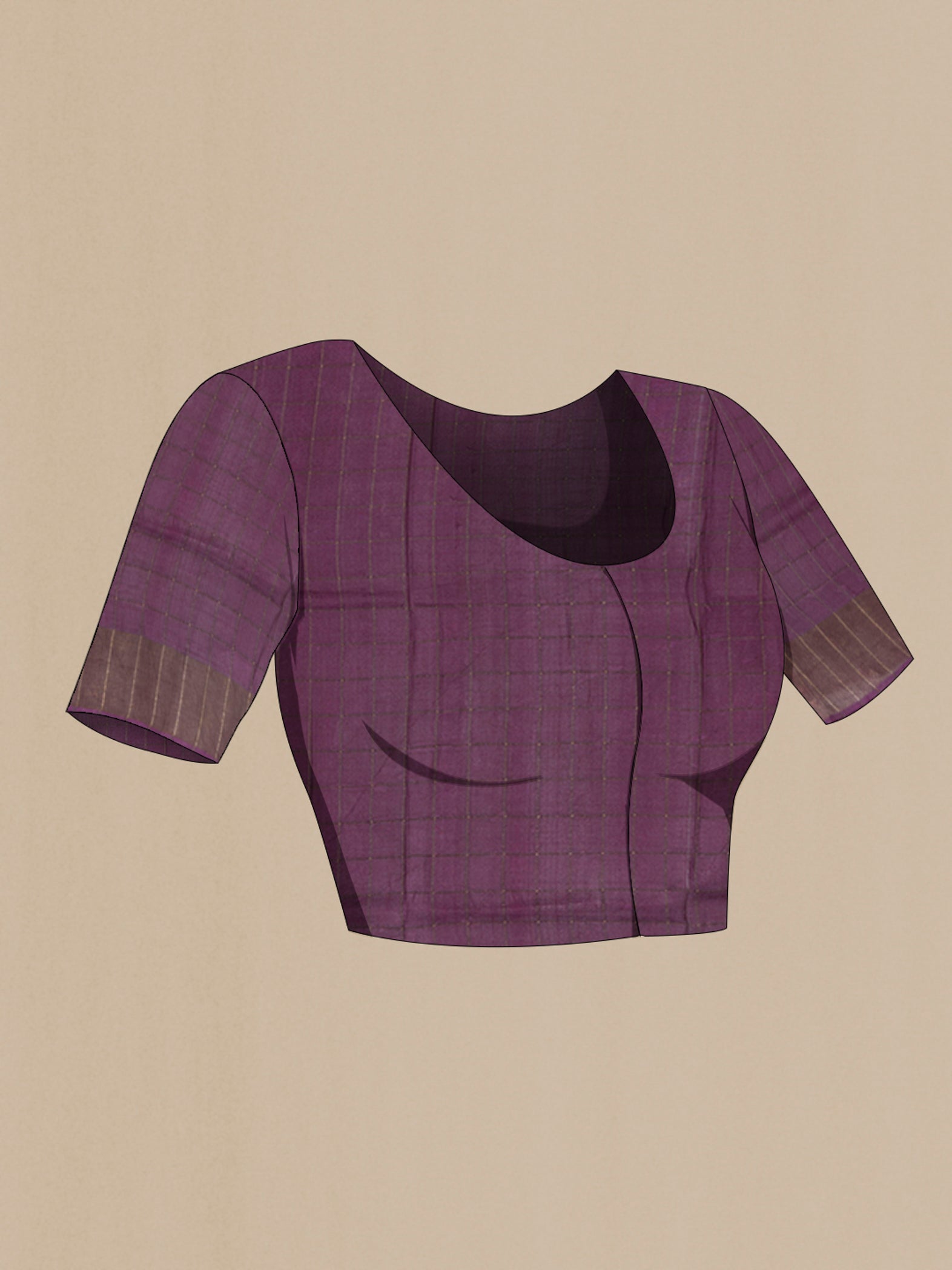 Close up image of the blouse of Purple Tussar Silk Saree with Geometric Print on the body and Zari Border. 