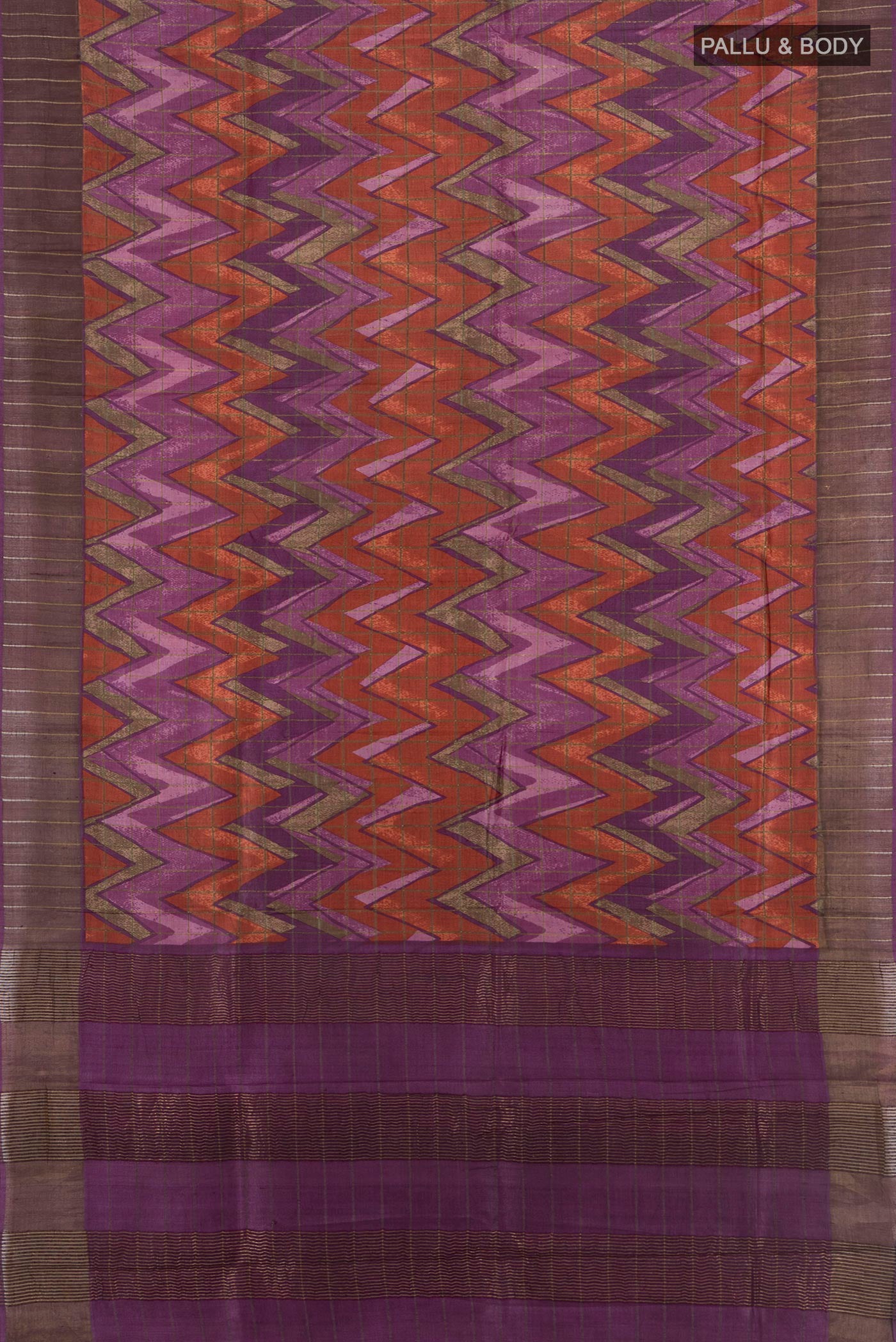 Flat view of Purple Tussar Silk Saree with Geometric Print on the body and Zari Border. 