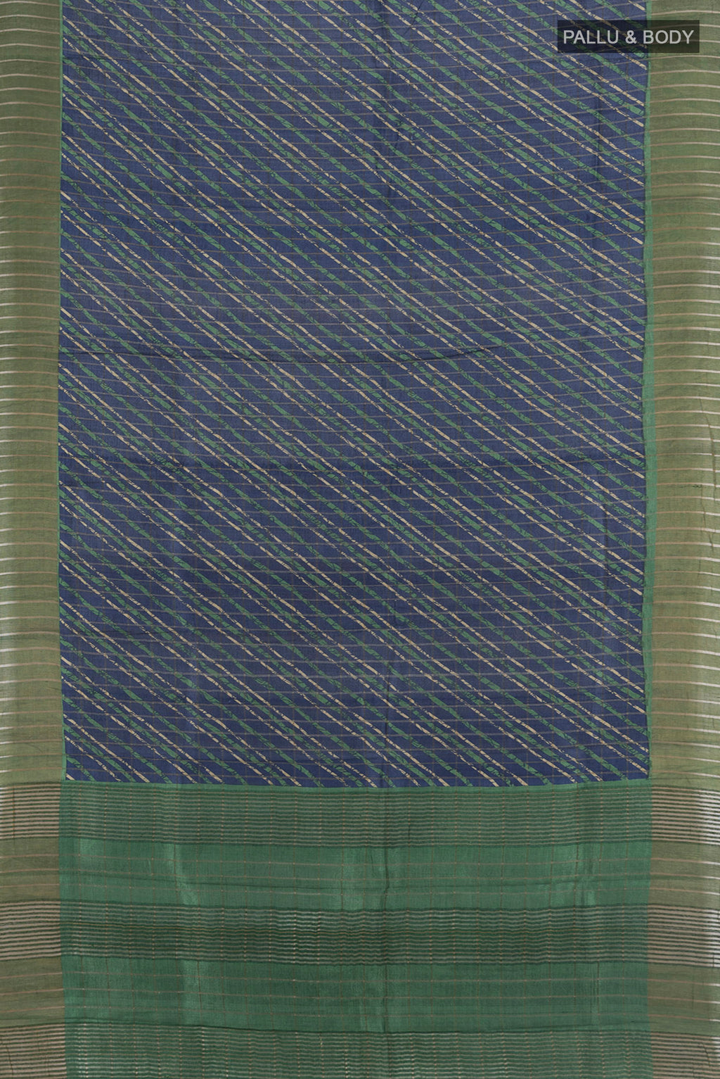 Flat view of Navy Blue Tussar Silk Saree with Floral Print on the body and Zari Border. 