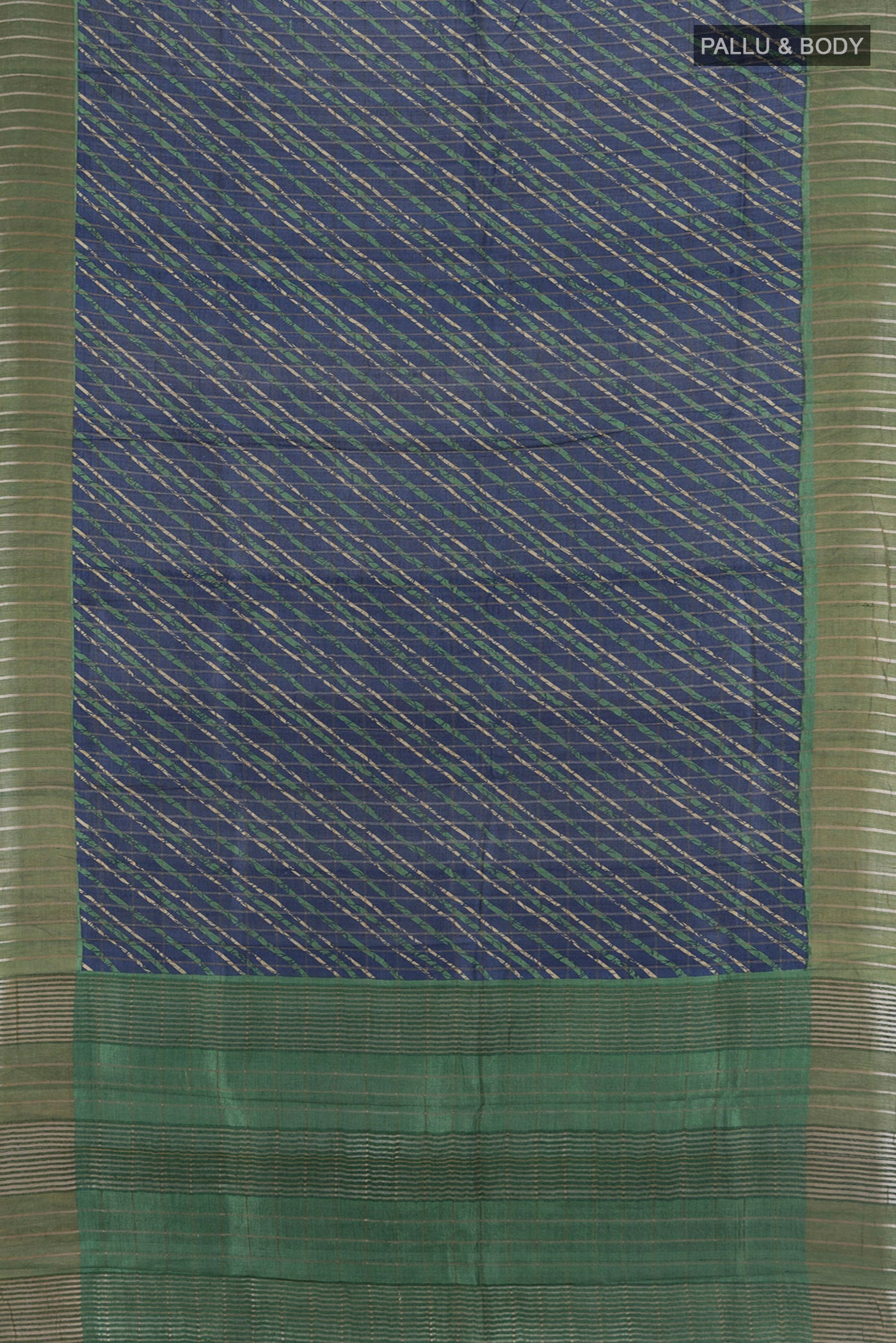 Flat view of Navy Blue Tussar Silk Saree with Floral Print on the body and Zari Border. 
