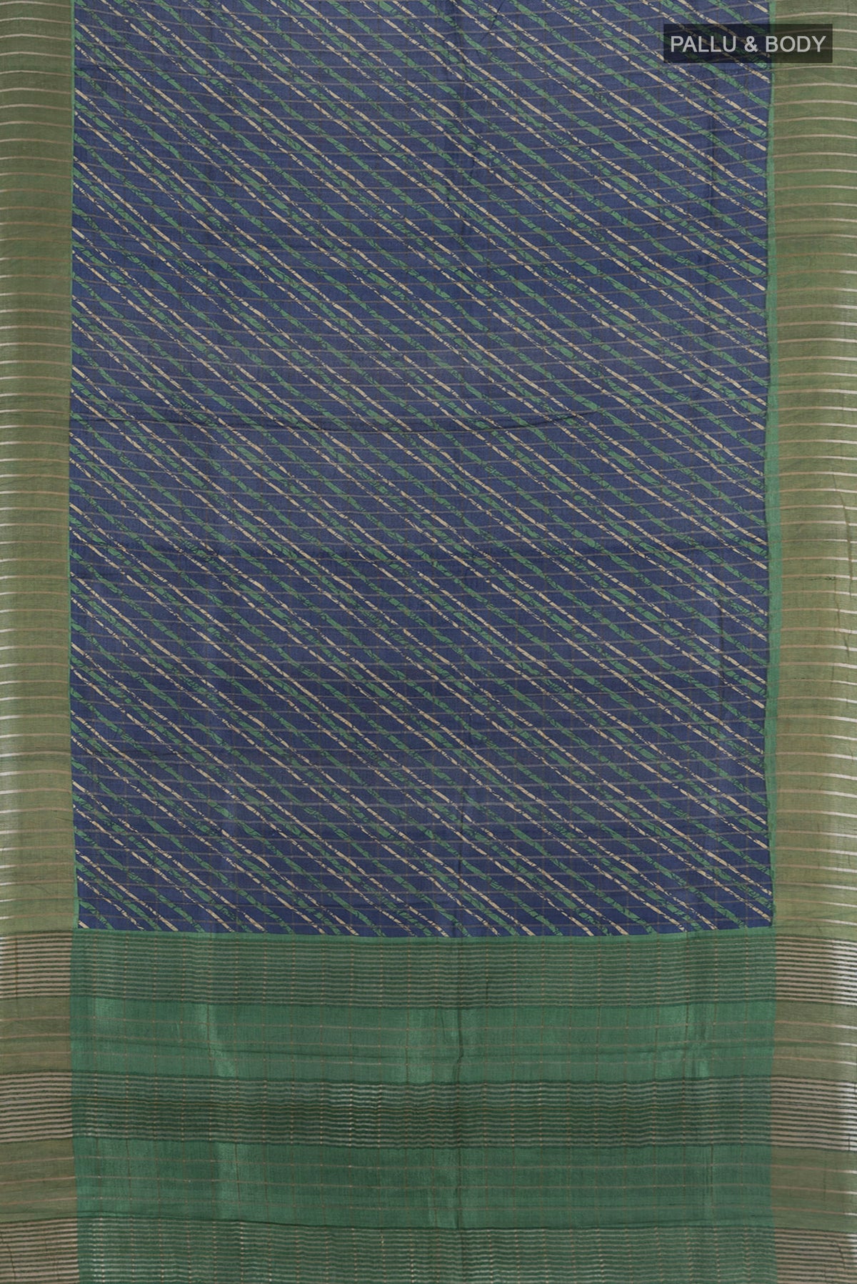Flat view of Navy Blue Tussar Silk Saree with Floral Print on the body and Zari Border. 