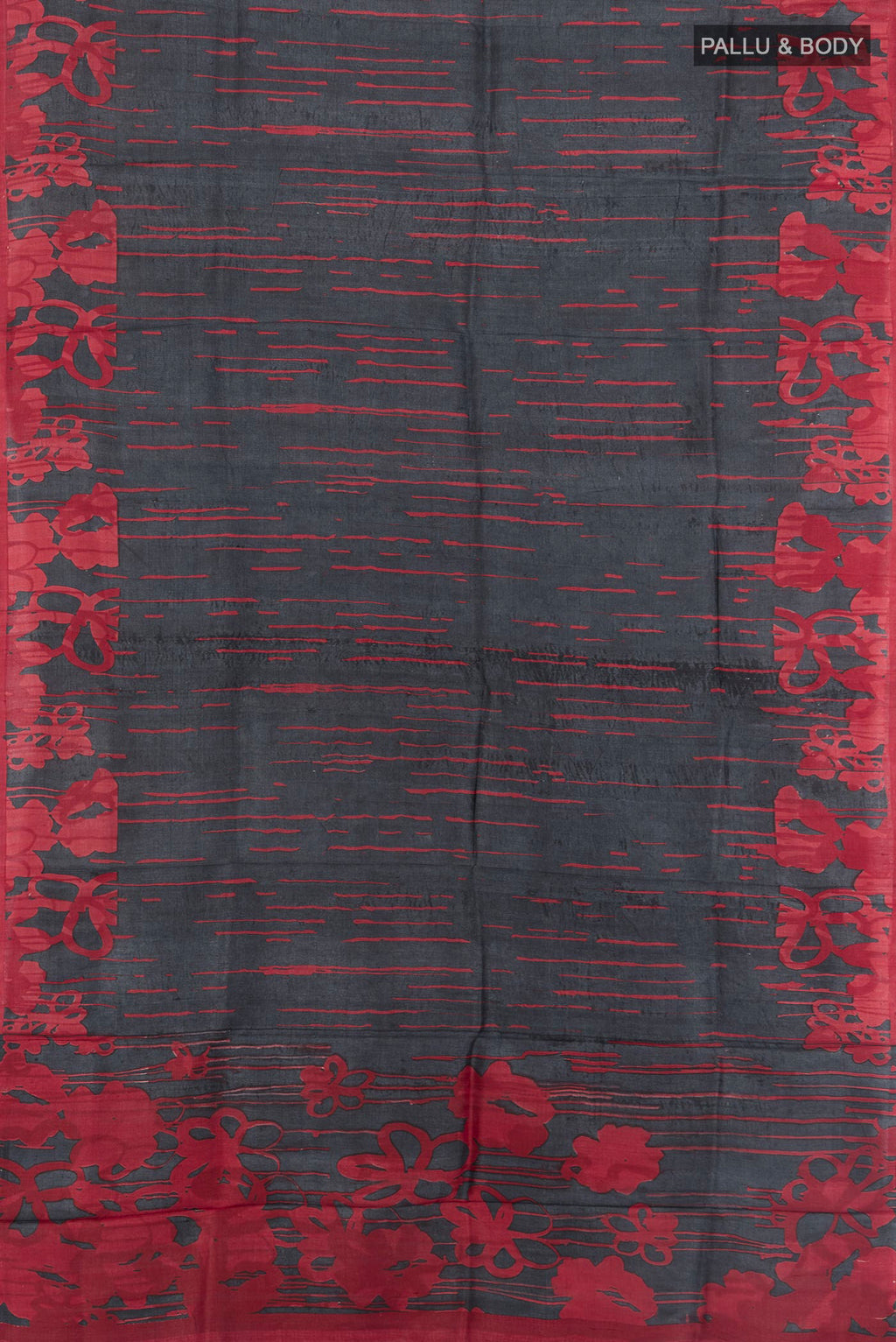 Flat view of Black Tussar Silk Saree with Floral Print on the body and Without Border. 