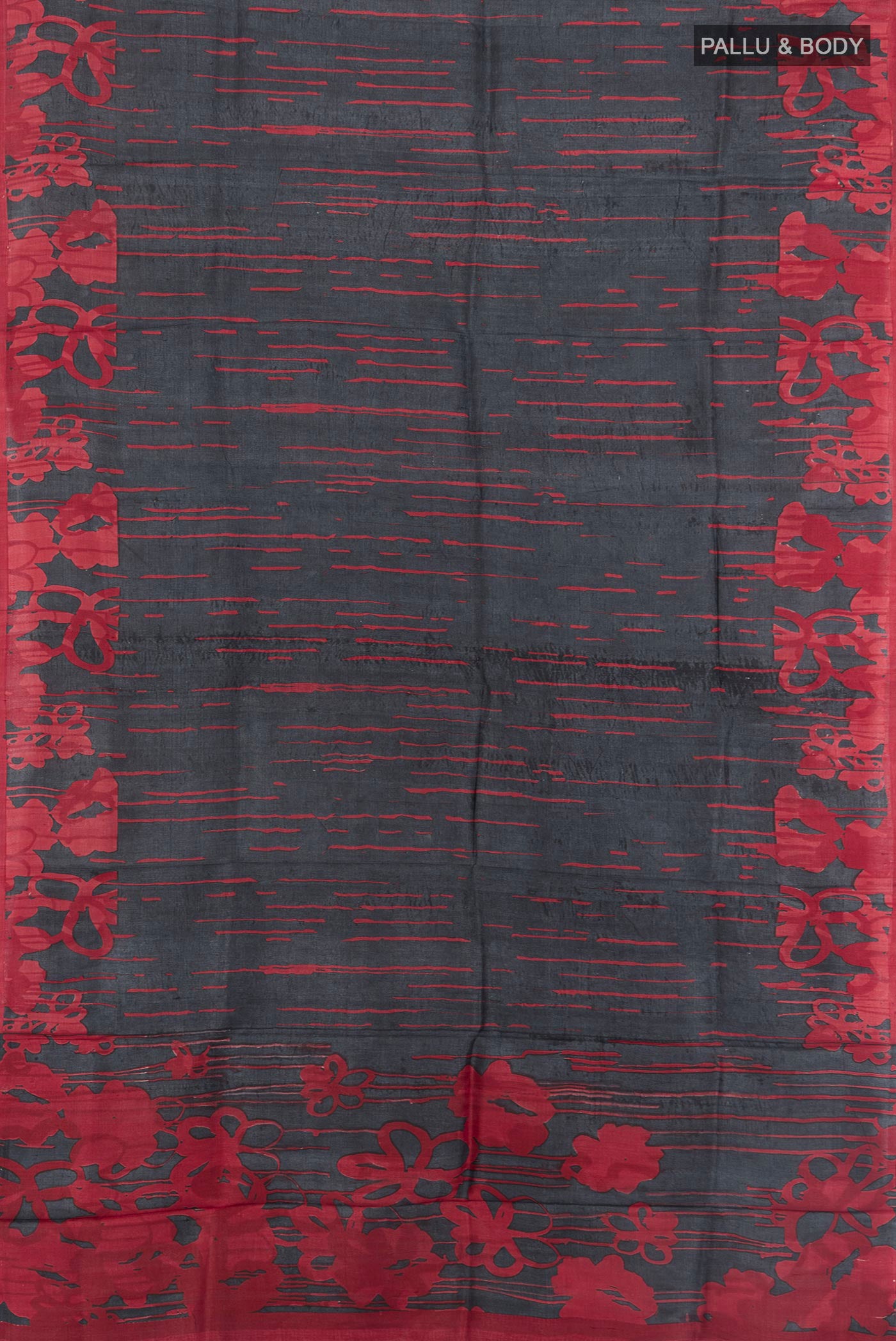 Flat view of Black Tussar Silk Saree with Floral Print on the body and Without Border. 