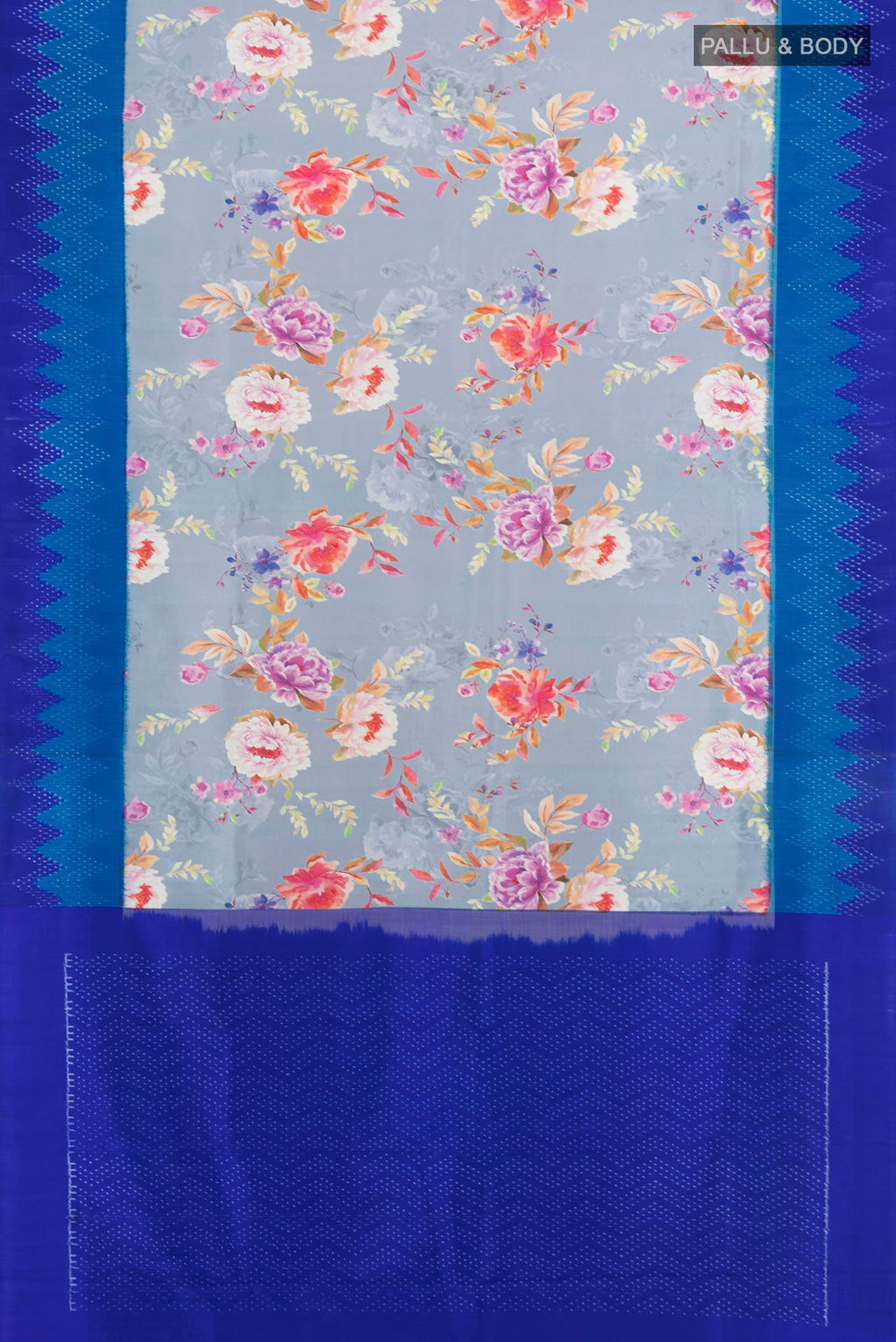 Flat view of Pure Silk Light Blue Printed Saree with Floral Print on the body and Ikat Border. 