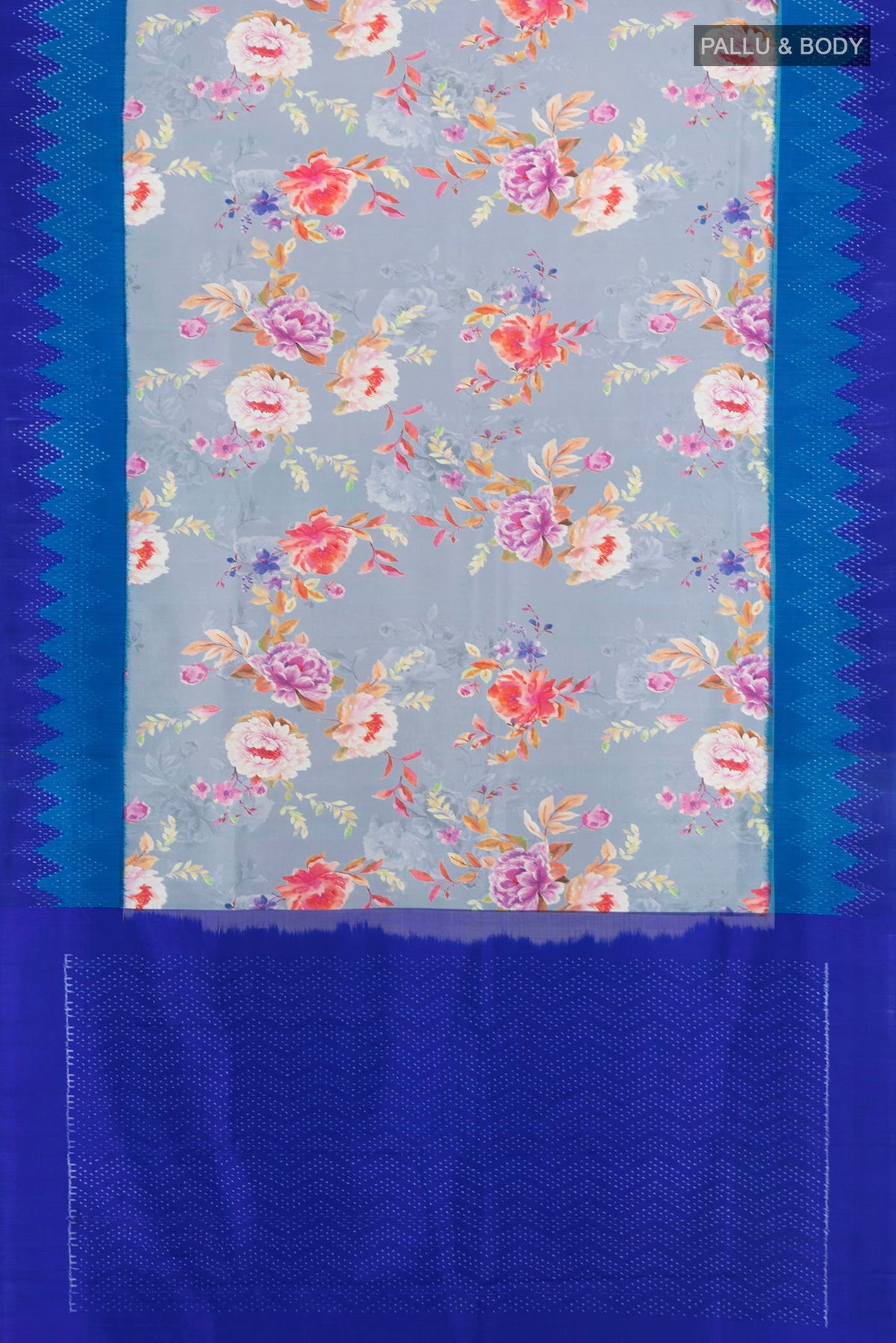 Flat view of Pure Silk Light Blue Printed Saree with Floral Print on the body and Ikat Border. 