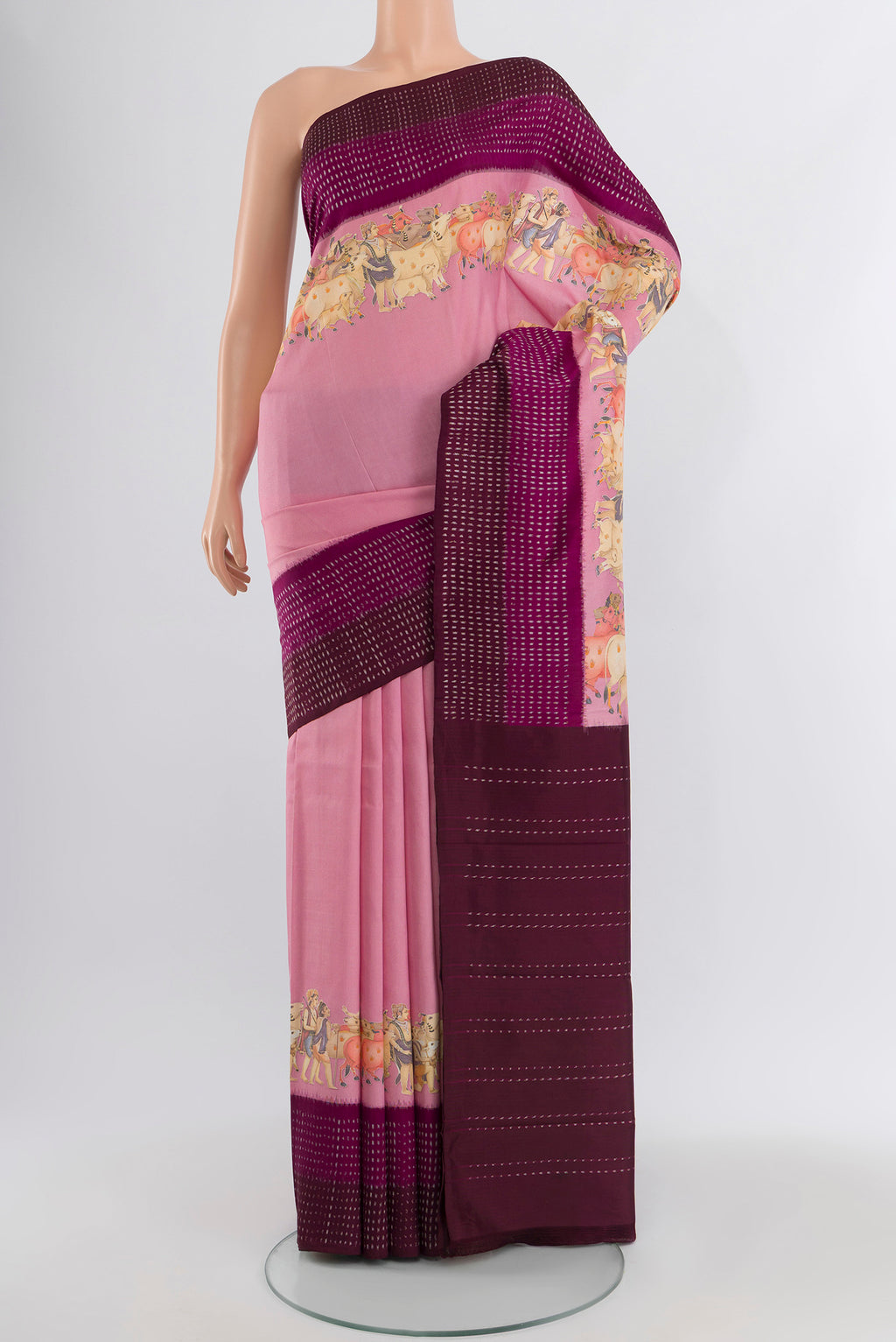 Rose pink Tussar Silk Saree with Plain Body and Printed Border.  displayed on a mannequin