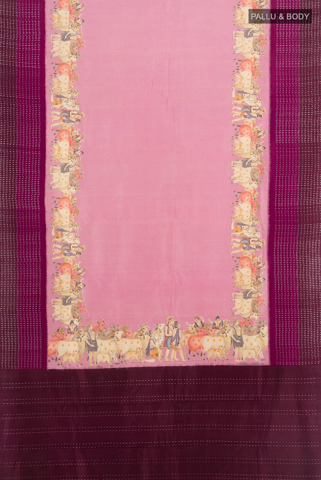Flat view of Rose pink Tussar Silk Saree with Plain Body and Printed Border. 