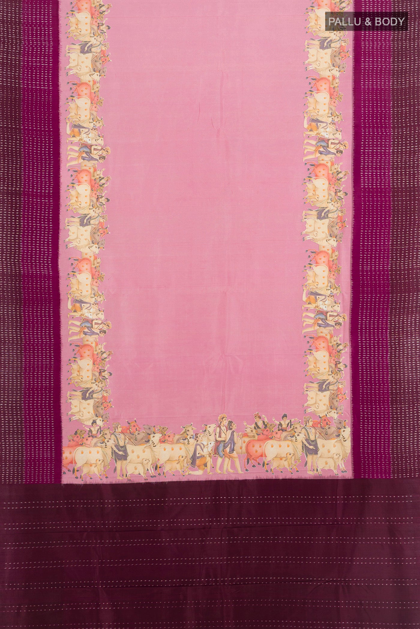 Flat view of Rose pink Tussar Silk Saree with Plain Body and Printed Border. 