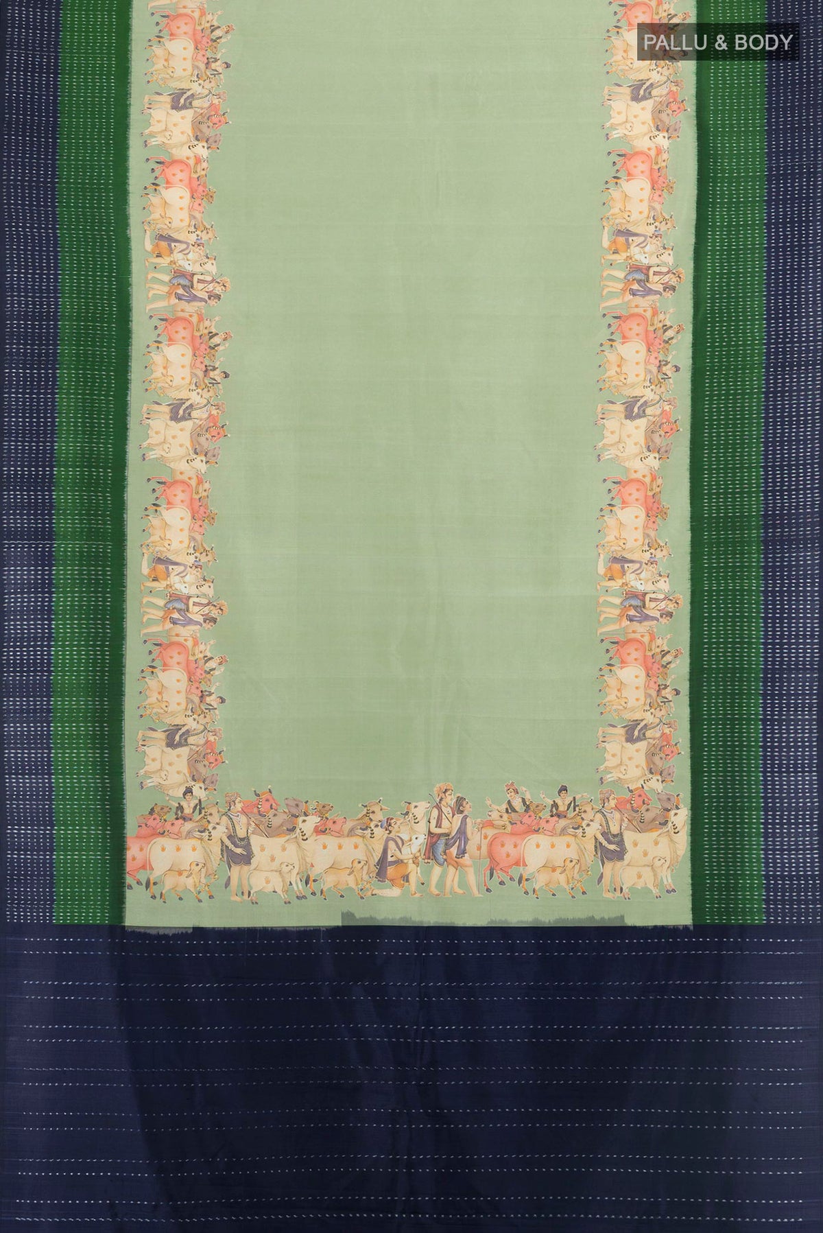 Flat view of Pure Silk Light Green Printed Saree with Plain Body and Ikat Border. 
