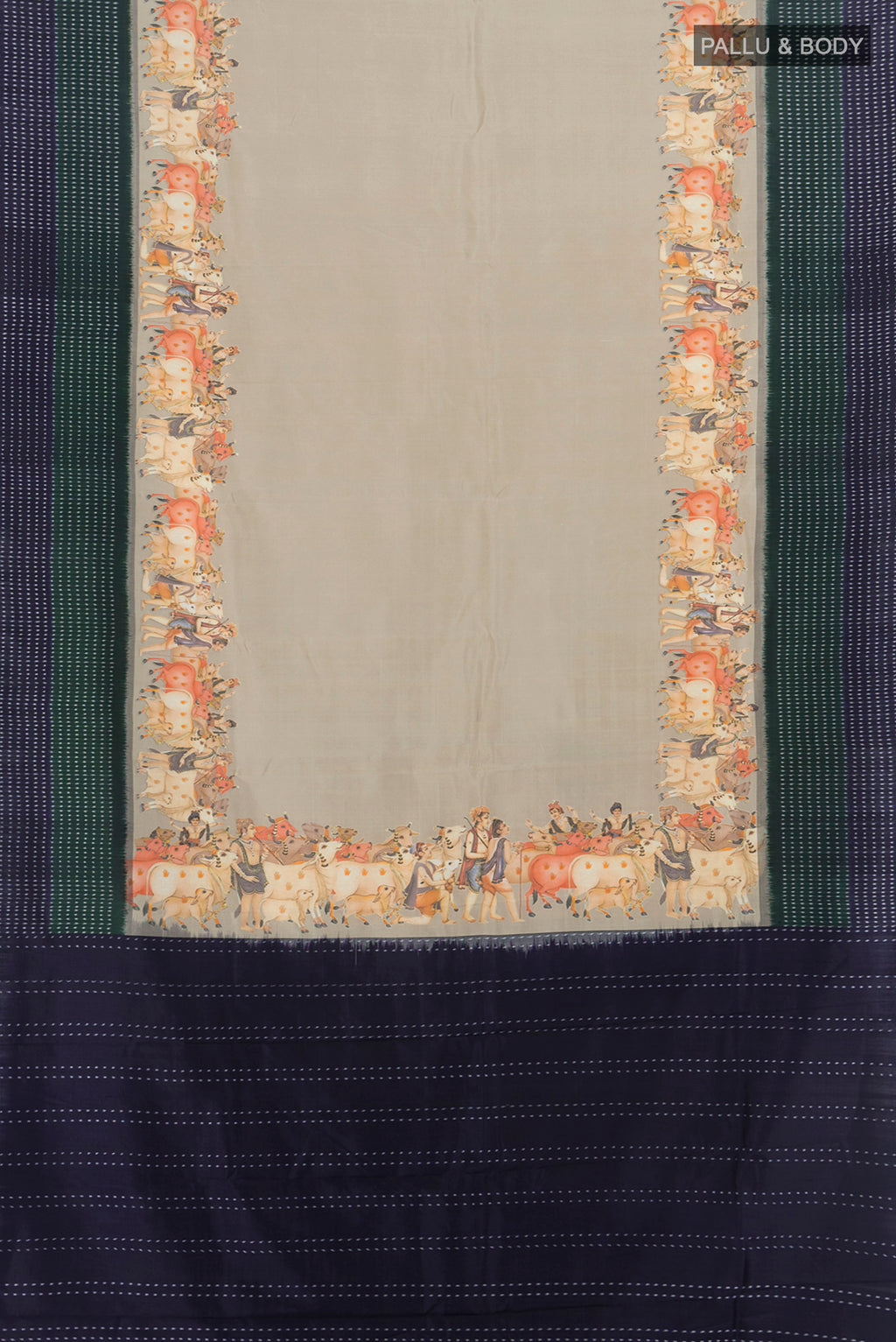 Flat view of Beige Tussar Silk Saree with Plain Body and Printed Border. 