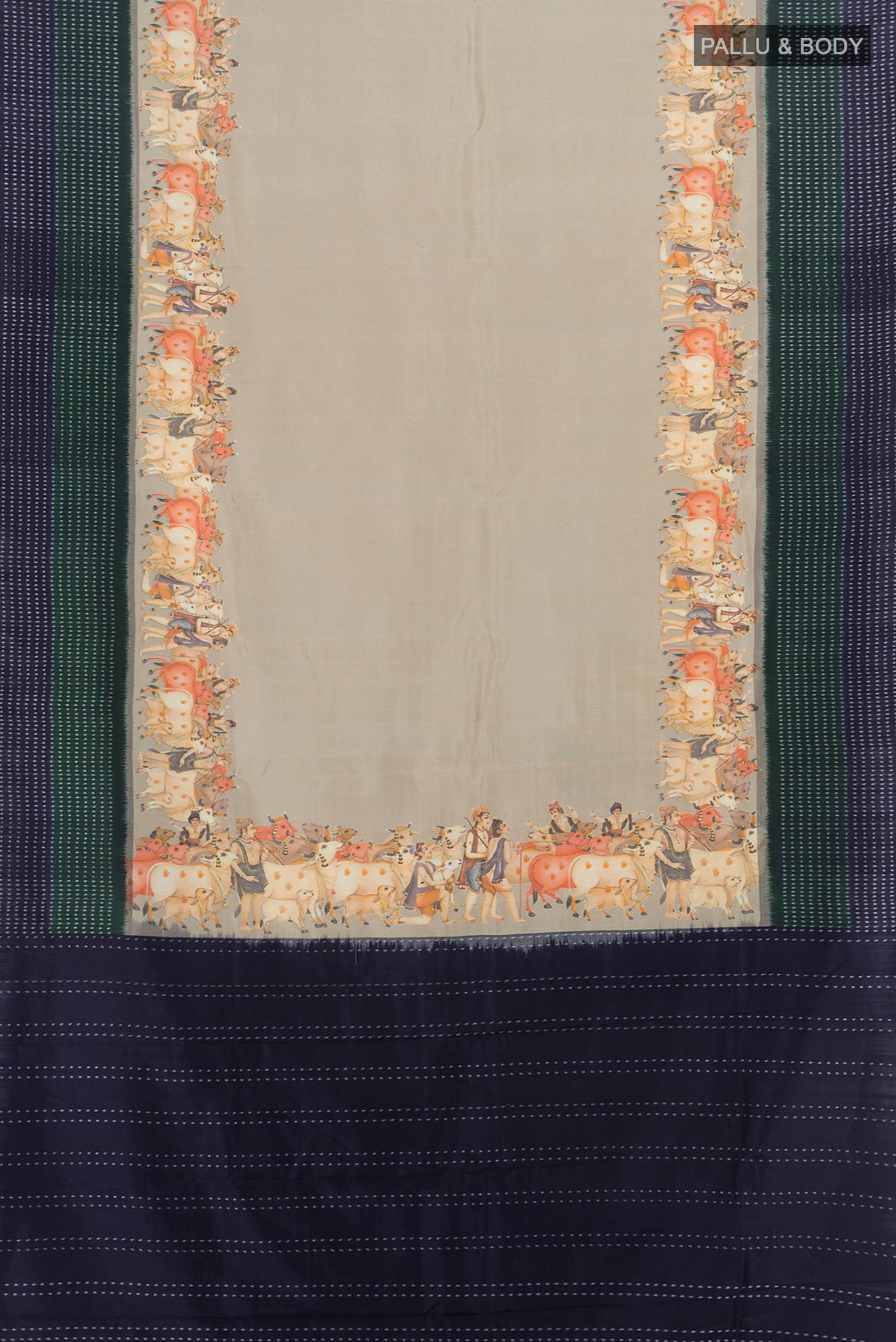 Flat view of Beige Tussar Silk Saree with Plain Body and Printed Border. 