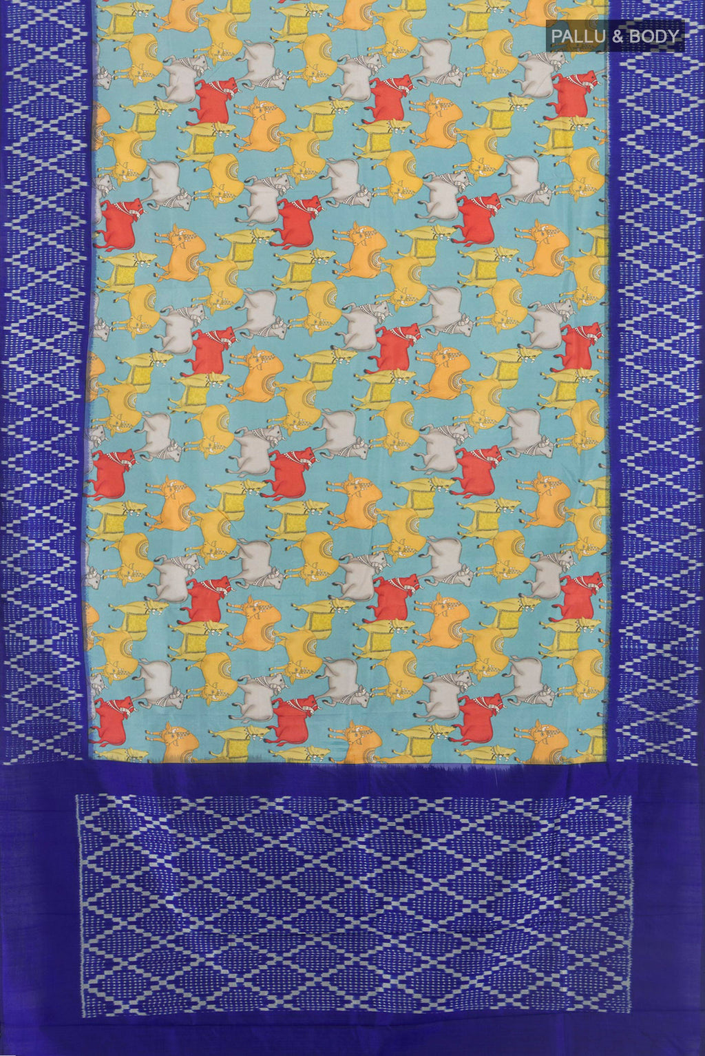 Flat view of Pure Silk Light Blue Printed Saree with Printed design on the body and Ikat Border. 