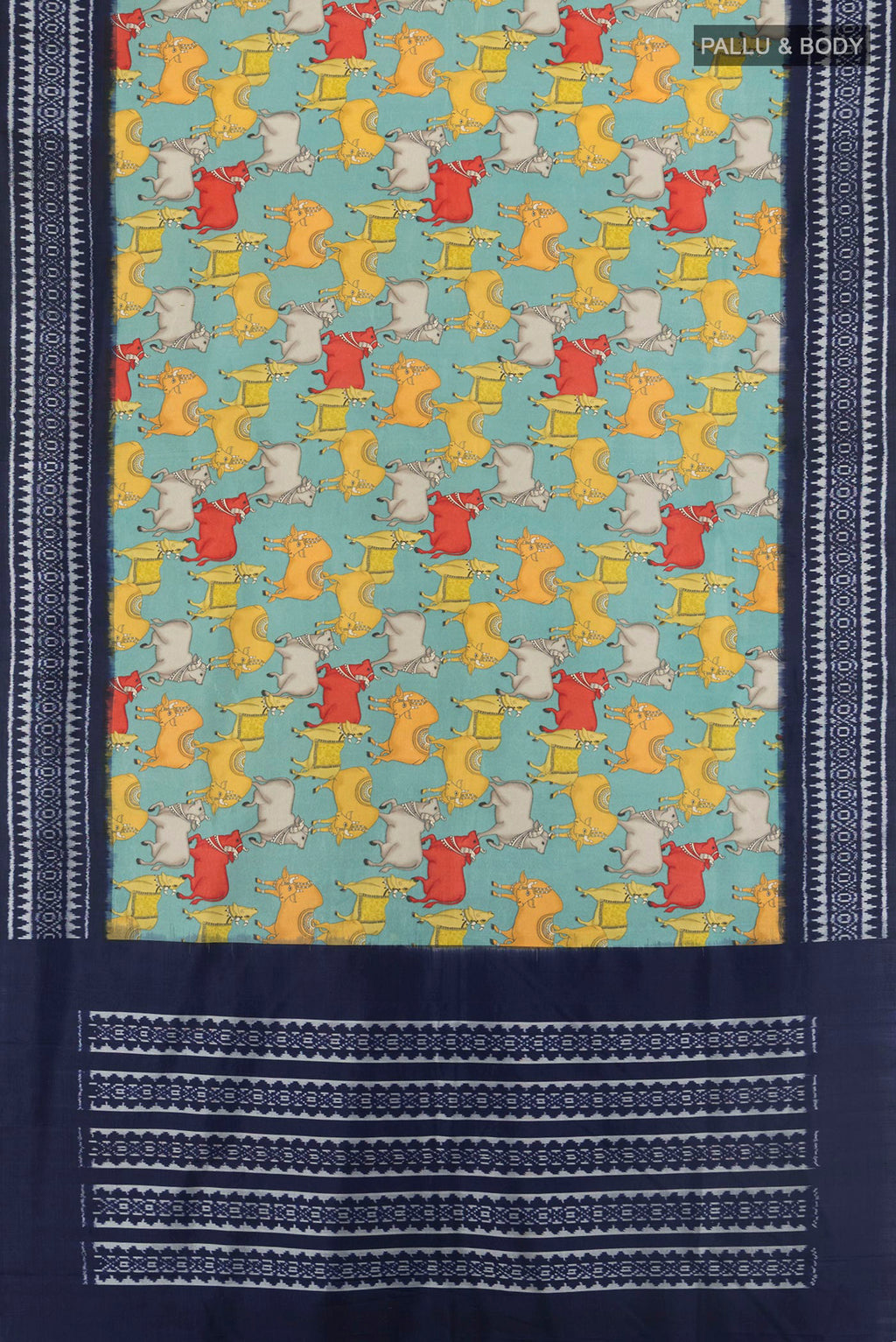 Flat view of Pure Silk Light Blue Printed Saree with Printed design on the body and Ikat Border. 