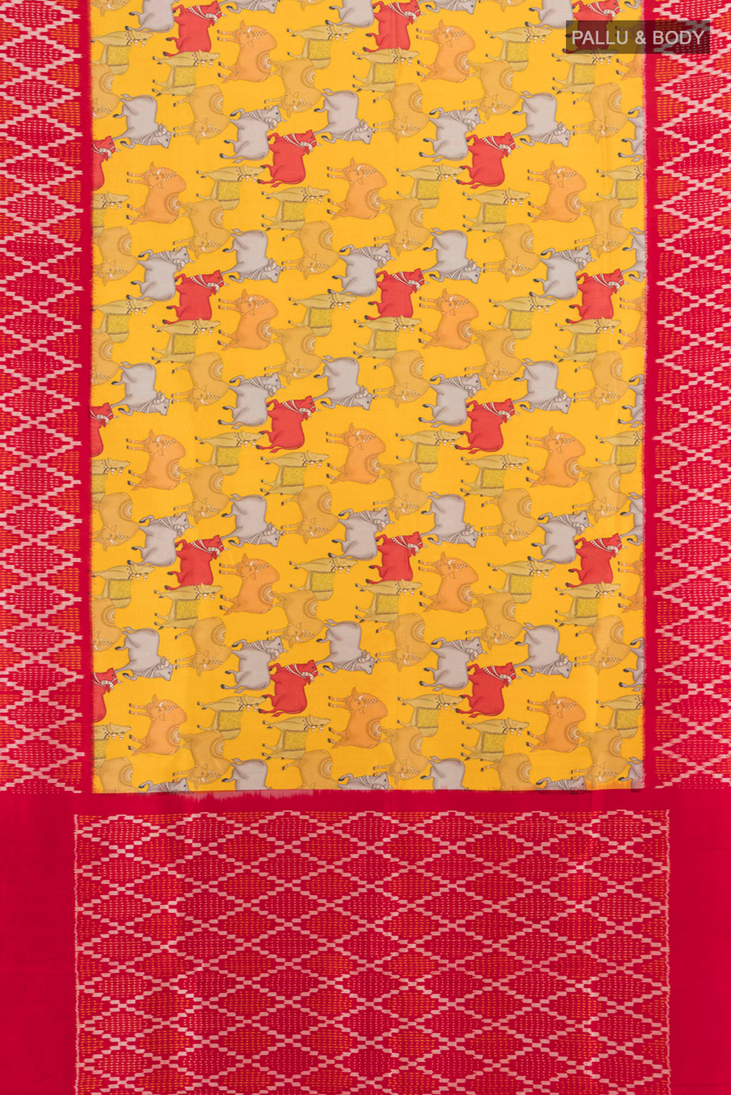 Flat view of Yellow Printed Silk Saree with Floral Print on the body and Ikat Border. 