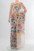 Cream Organza Silk Saree with Floral Print on the body and Without Border.  displayed on a mannequin