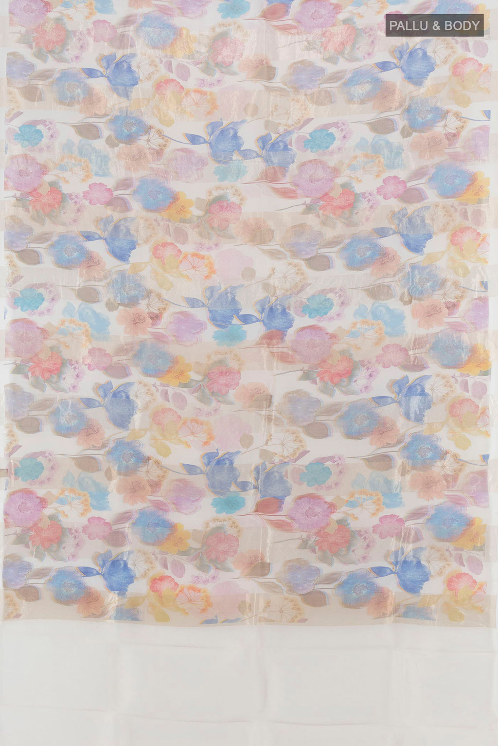 Flat view of Cream Organza Silk Saree with Floral Print on the body and Without Border. 