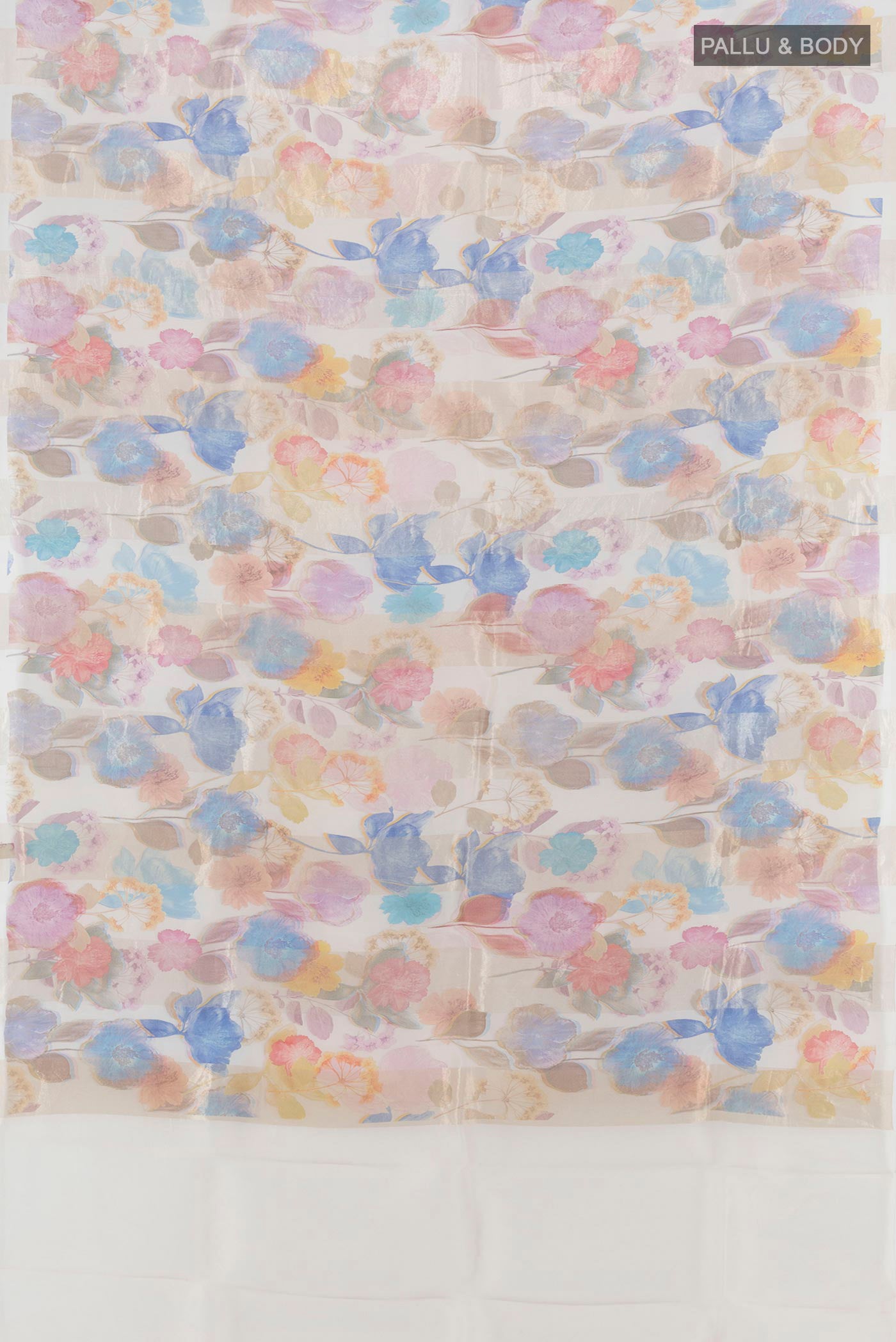 Flat view of Cream Organza Silk Saree with Floral Print on the body and Without Border. 