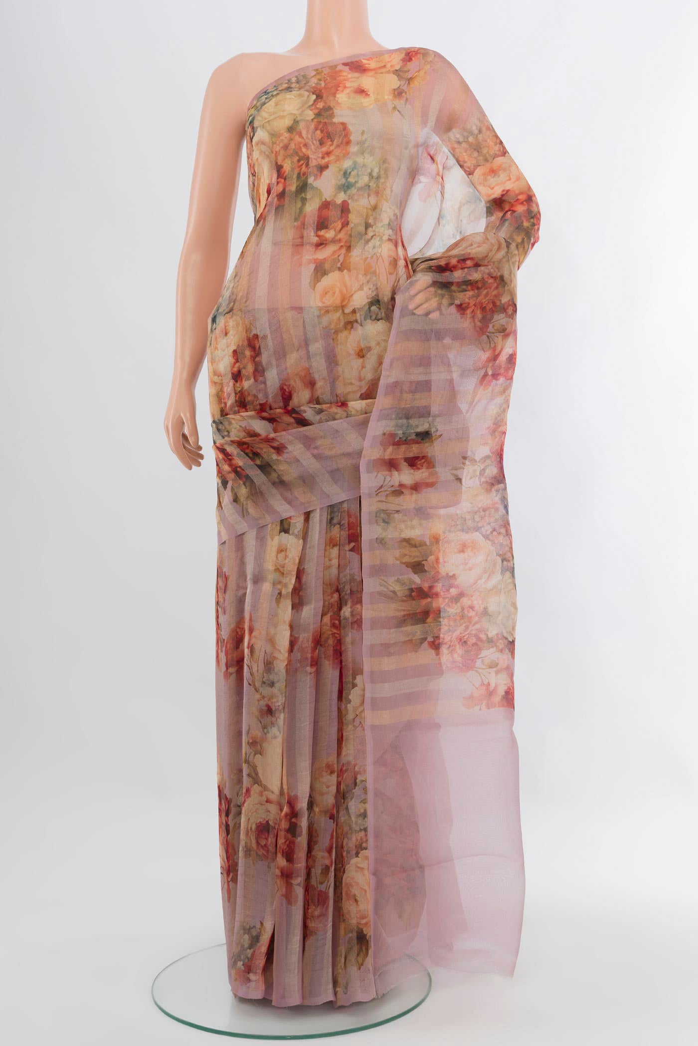 Lavender Organza Silk Saree with Floral Print on the body and Without Border.  displayed on a mannequin