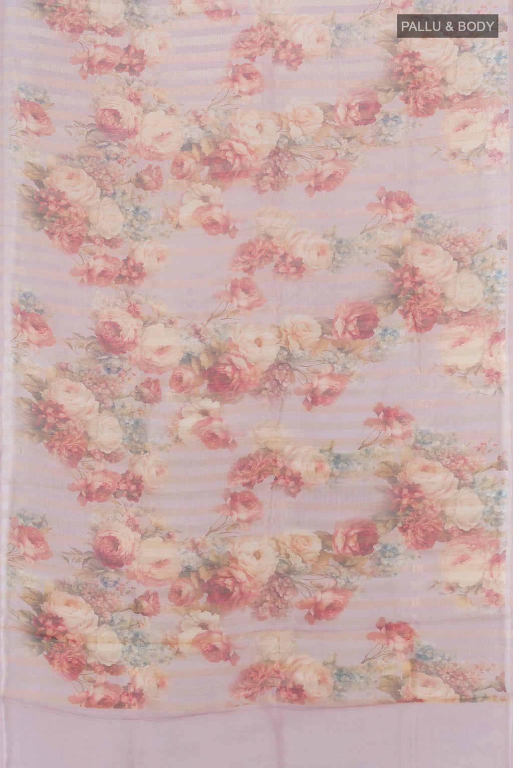 Flat view of Lavender Organza Silk Saree with Floral Print on the body and Without Border. 